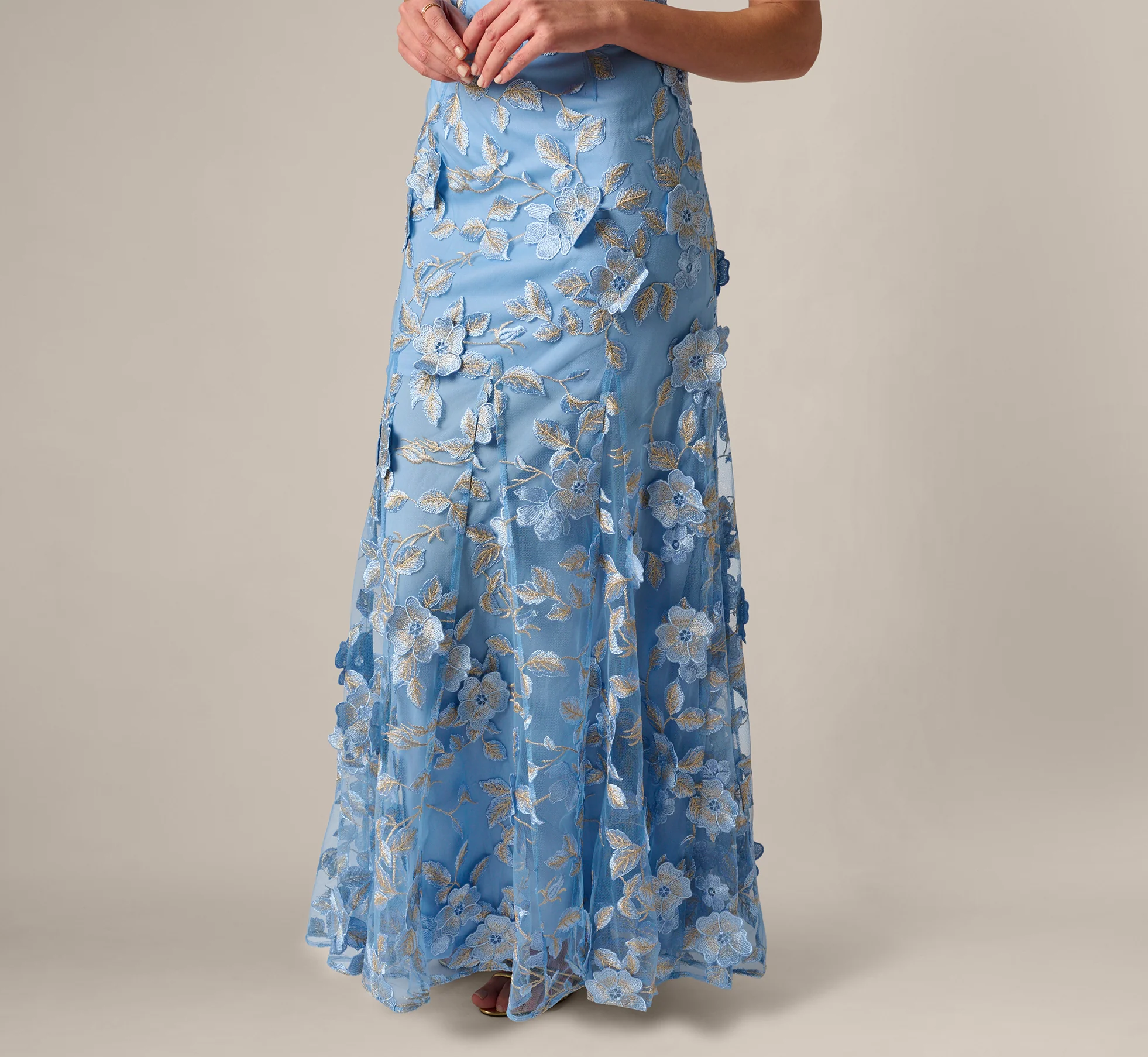 Cap Sleeve Floral Embroidered Illusion Godet Gown In Light Blue Gold - Image 4