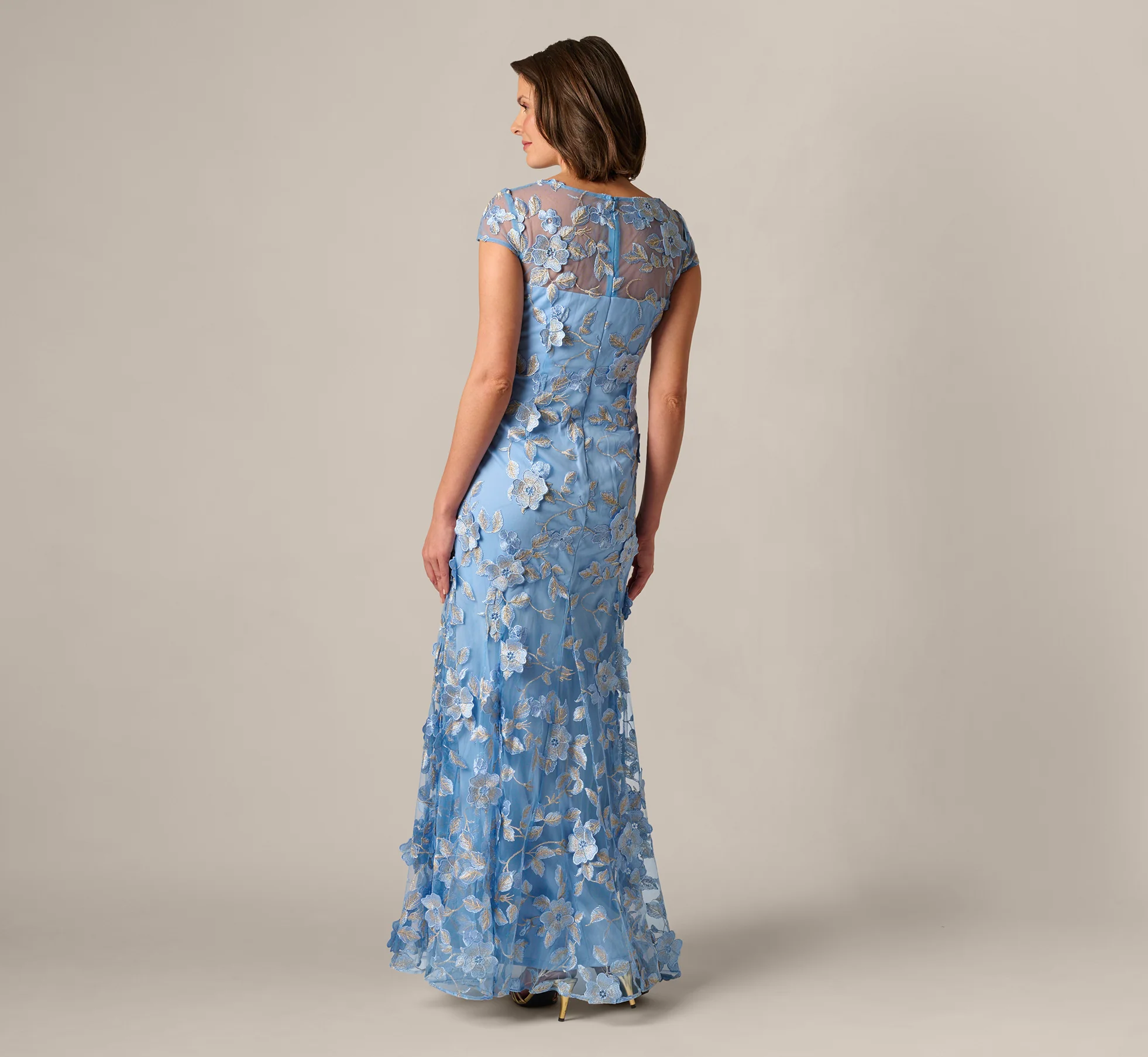 Cap Sleeve Floral Embroidered Illusion Godet Gown In Light Blue Gold - Image 5