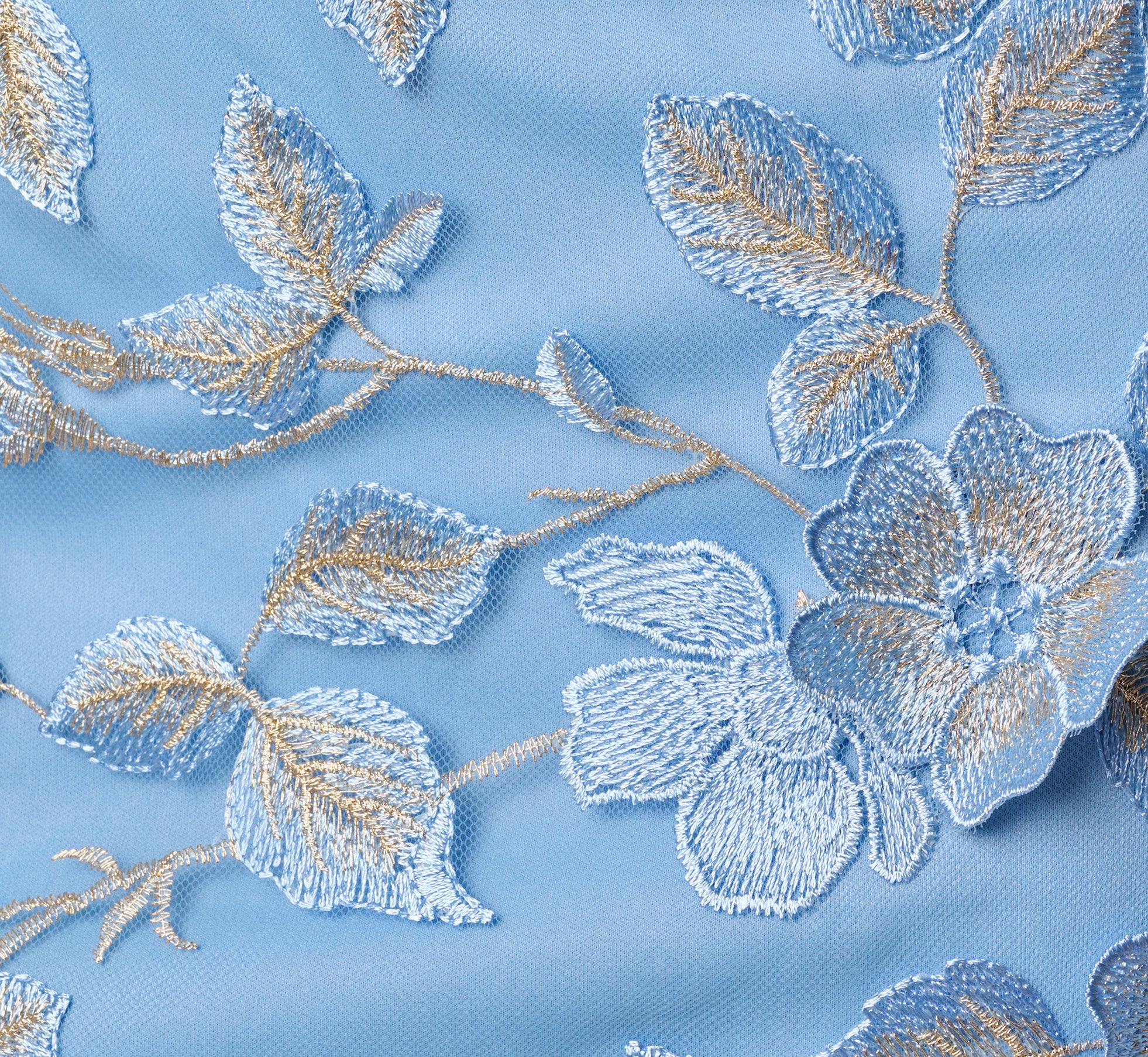 Cap Sleeve Floral Embroidered Illusion Godet Gown In Light Blue Gold - Image 6