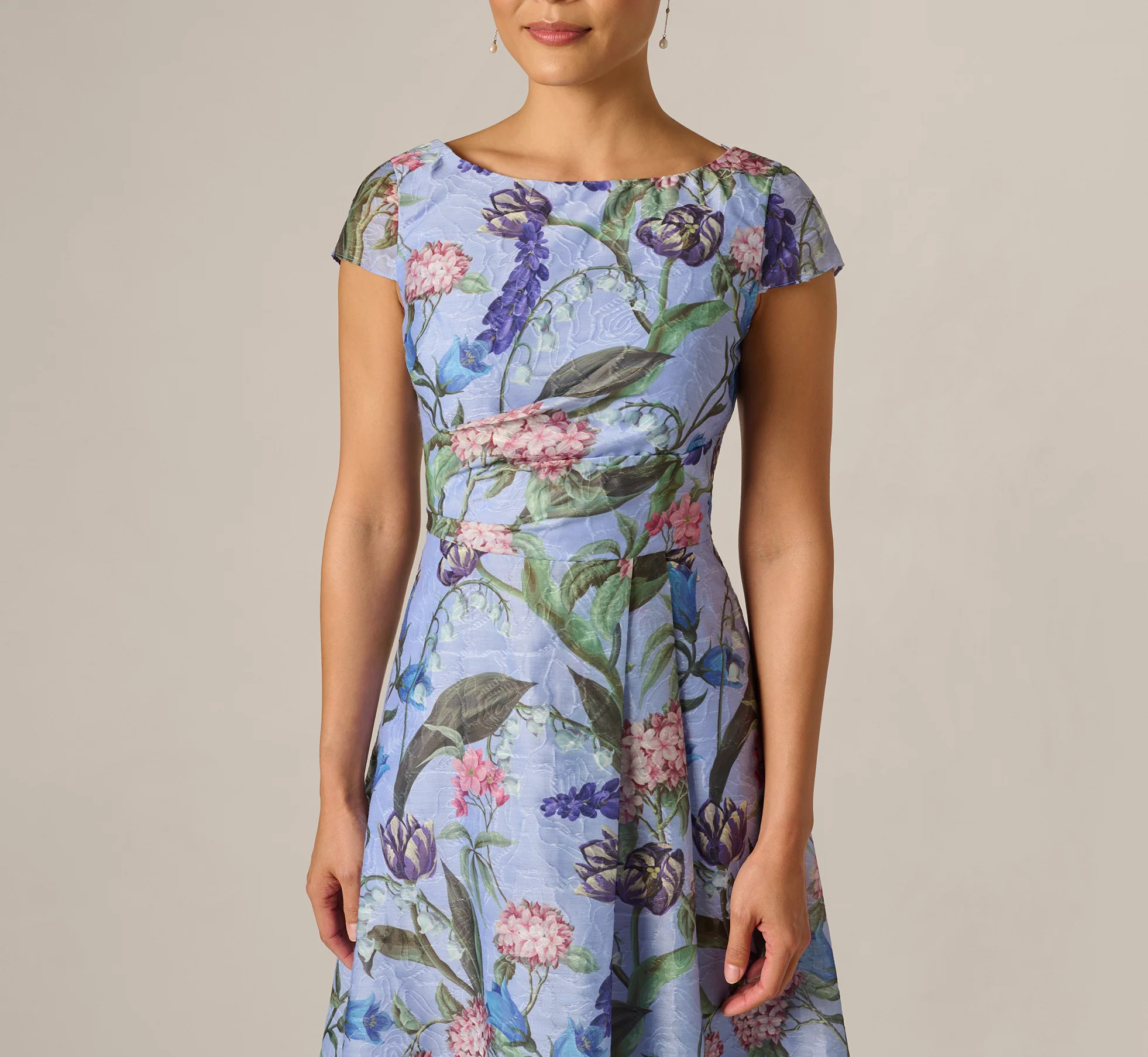 Cap Sleeve Floral Jacquard A Line Midi Dress In Blue Multi - Image 3