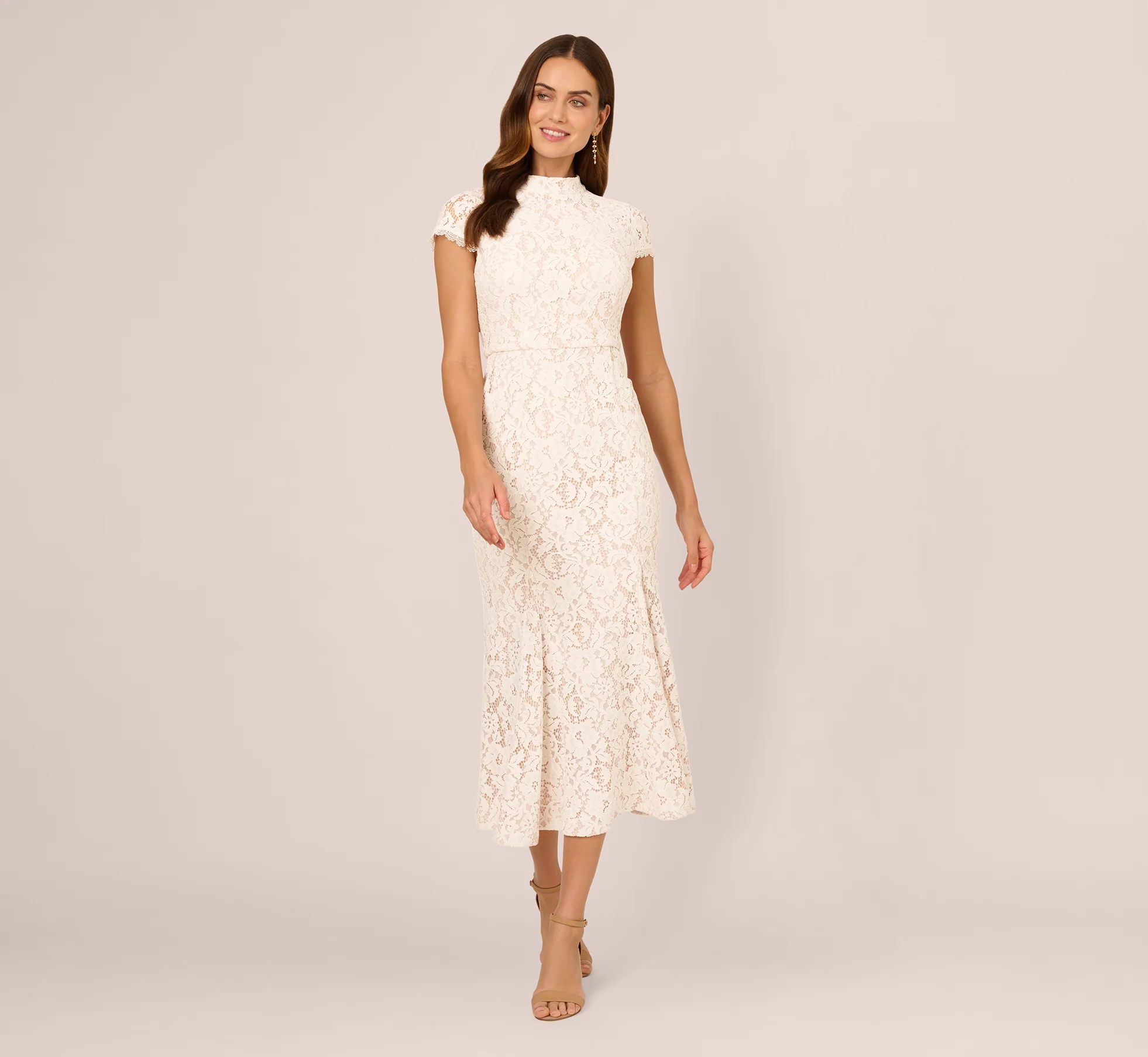 Cap Sleeve Lace Midi Dress In Ivory Nude - Image 3