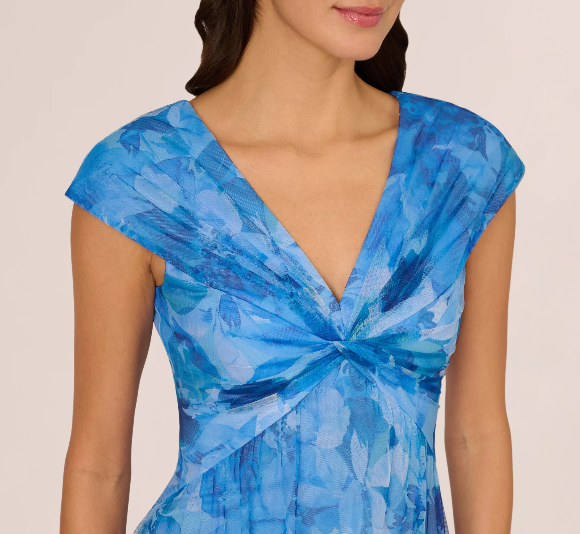 Cap Sleeve Twist Front Floral Tulle Gown In Blue Multi - Image 4