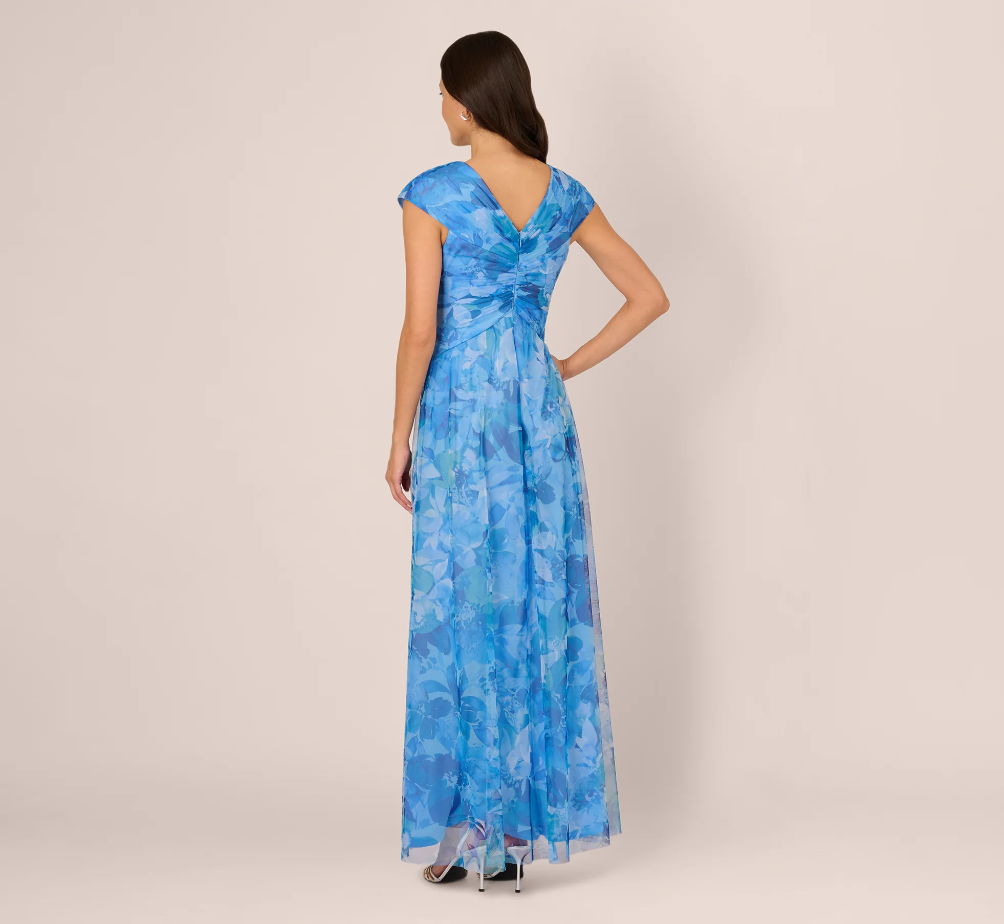 Cap Sleeve Twist Front Floral Tulle Gown In Blue Multi - Image 6
