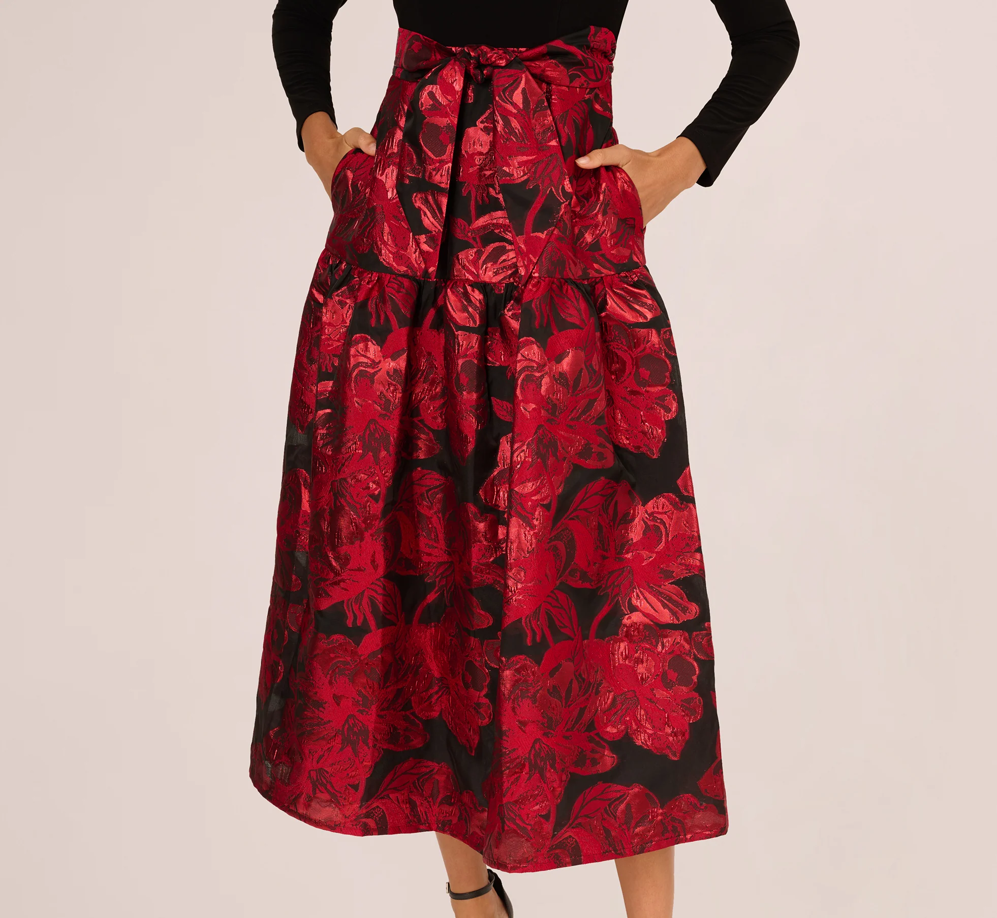 Combo Floral Jacquard Dress In Black Red - Image 3