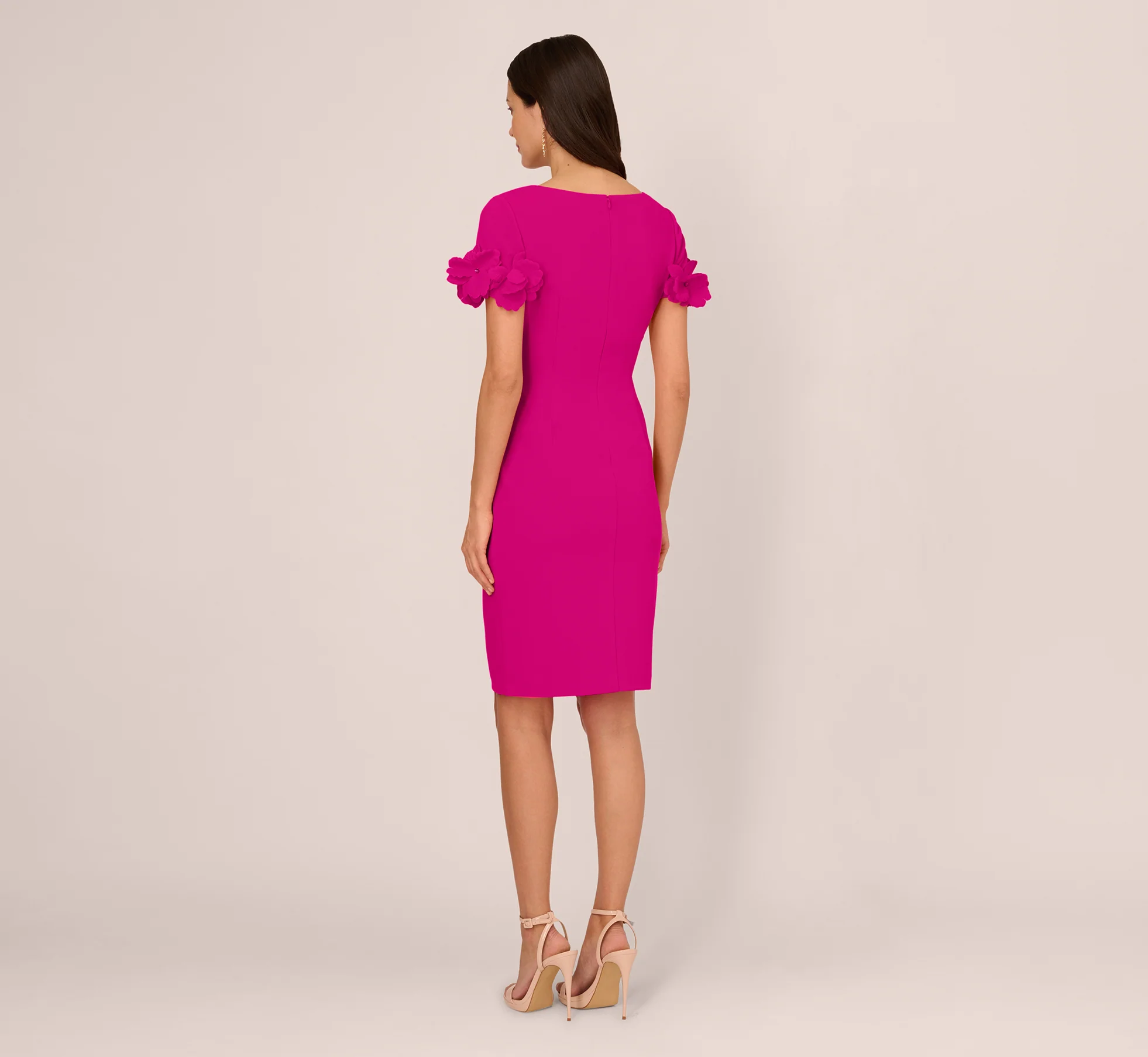 Crepe Faux Wrap Sheath Dress With Floral Accent Short Sleeves In Pink Flambe - Image 5