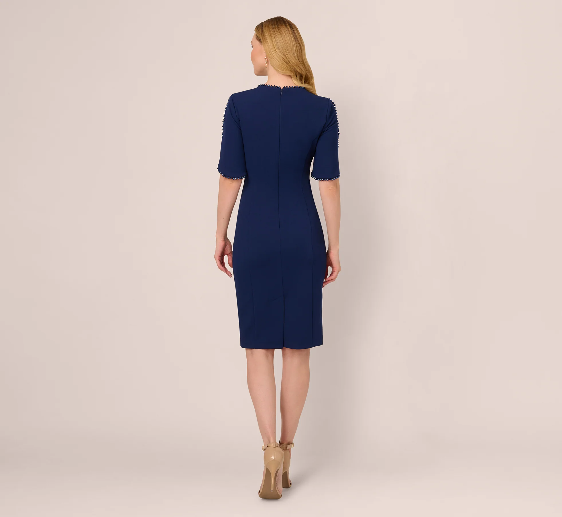 Crepe Midi Length Sheath Dress With Pearl Trimmed Sleeves In Navy Sateen - Image 5