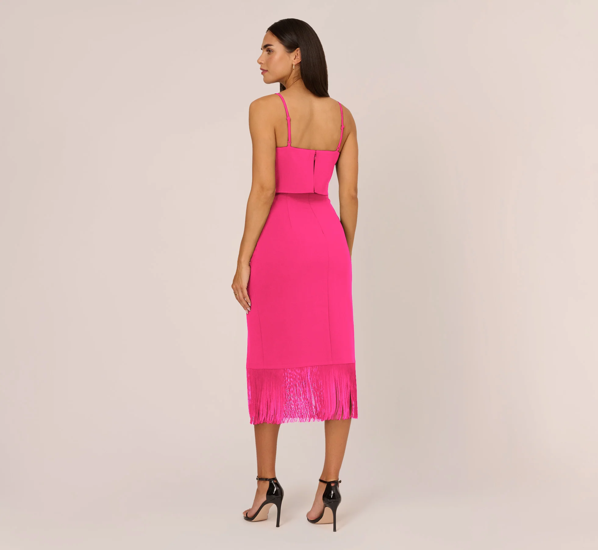 Crepe Popover Midi Dress With Fringe Trim In Lipstick - Image 5