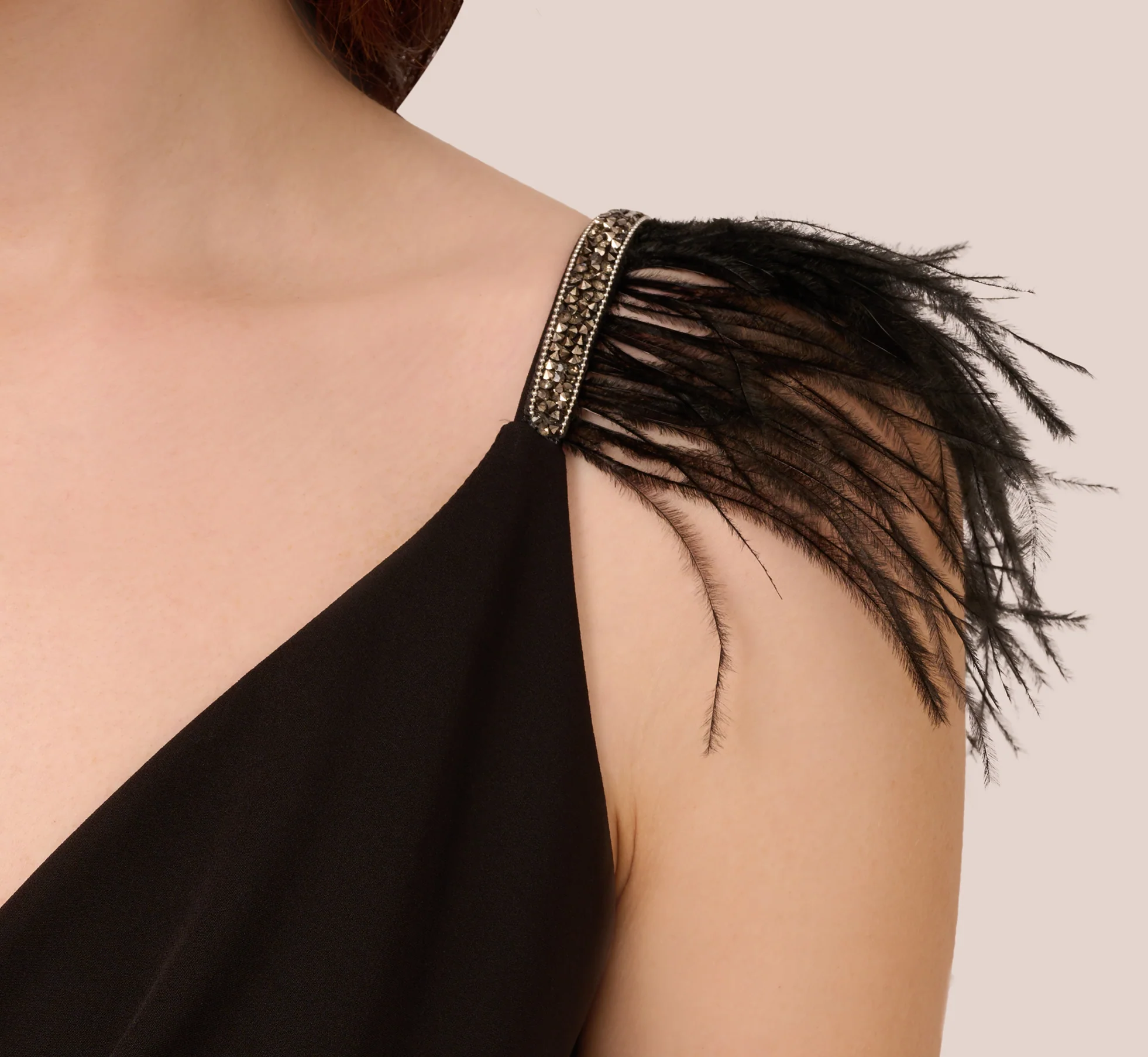 Crepe Wide Leg Jumpsuit With Bead And Feather Accents In Black - Image 4