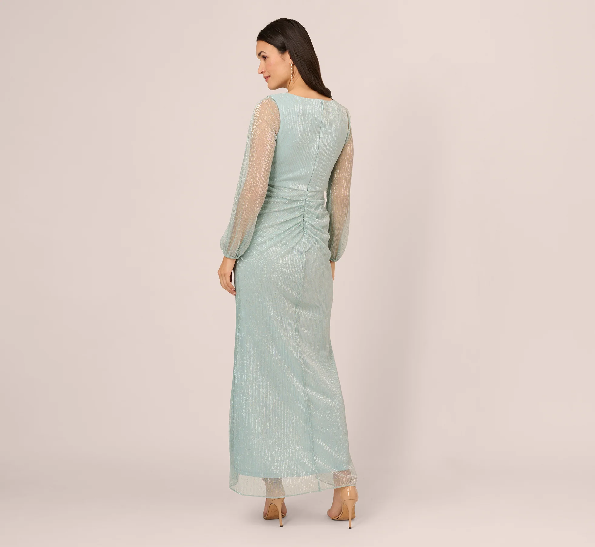 Crinkle Metallic Gown With Sheer Bishop Sleeves And Draped Details In Mint Smoke - Image 5