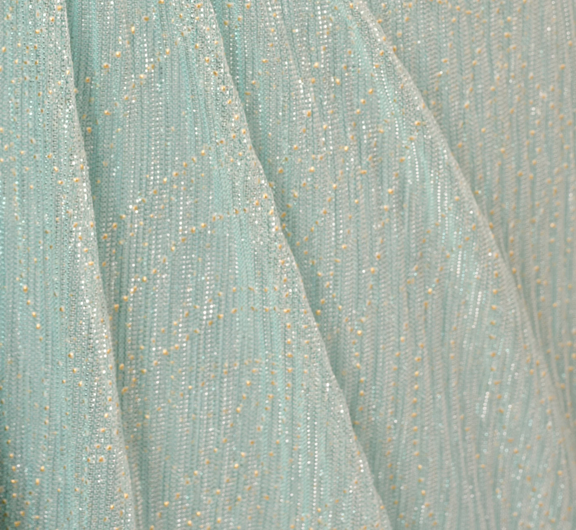 Crinkle Metallic Gown With Sheer Bishop Sleeves And Draped Details In Mint Smoke - Image 6