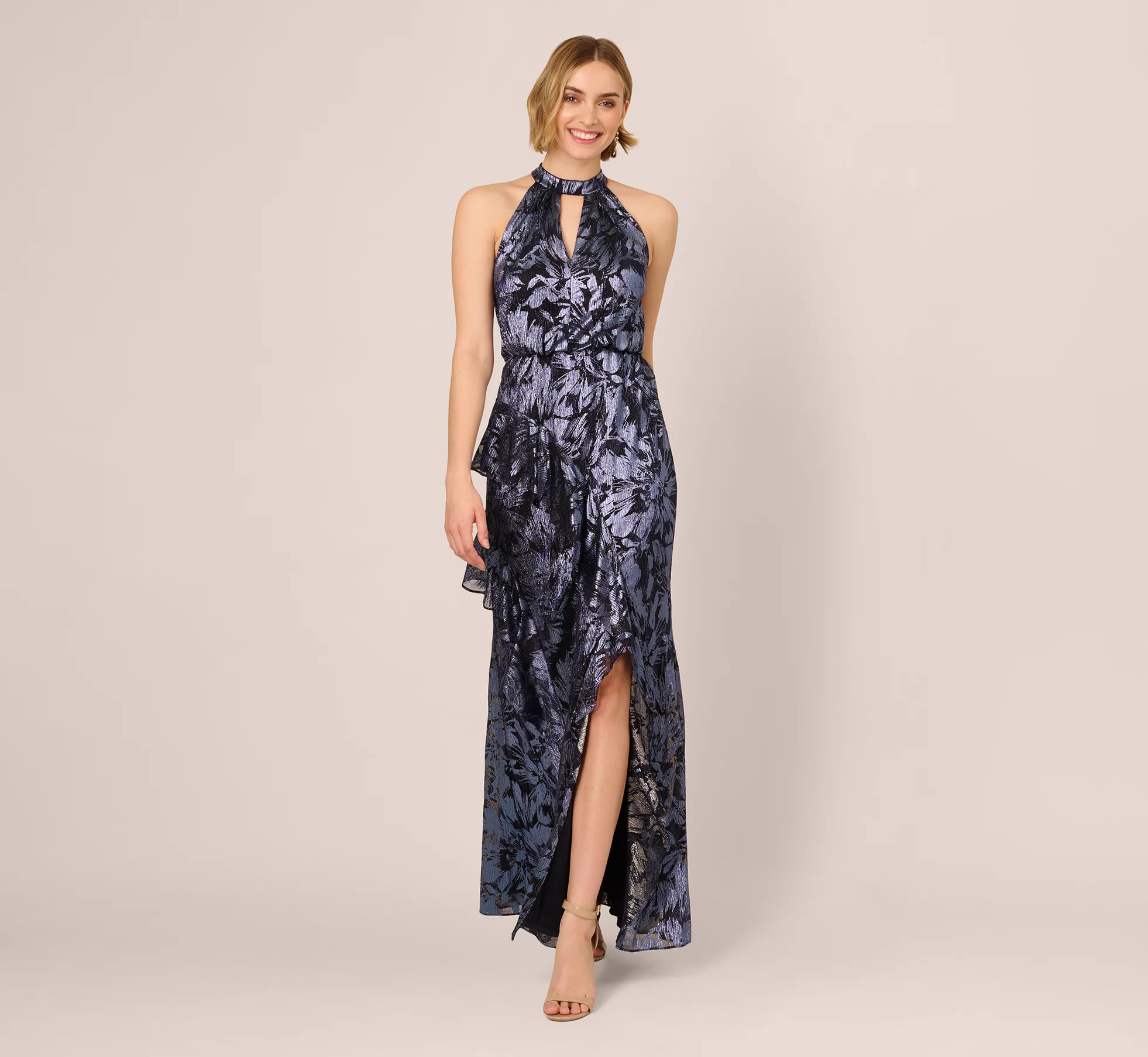 Crinkle Metallic Keyhole Halter Ruffle Gown In Navy - Image 2