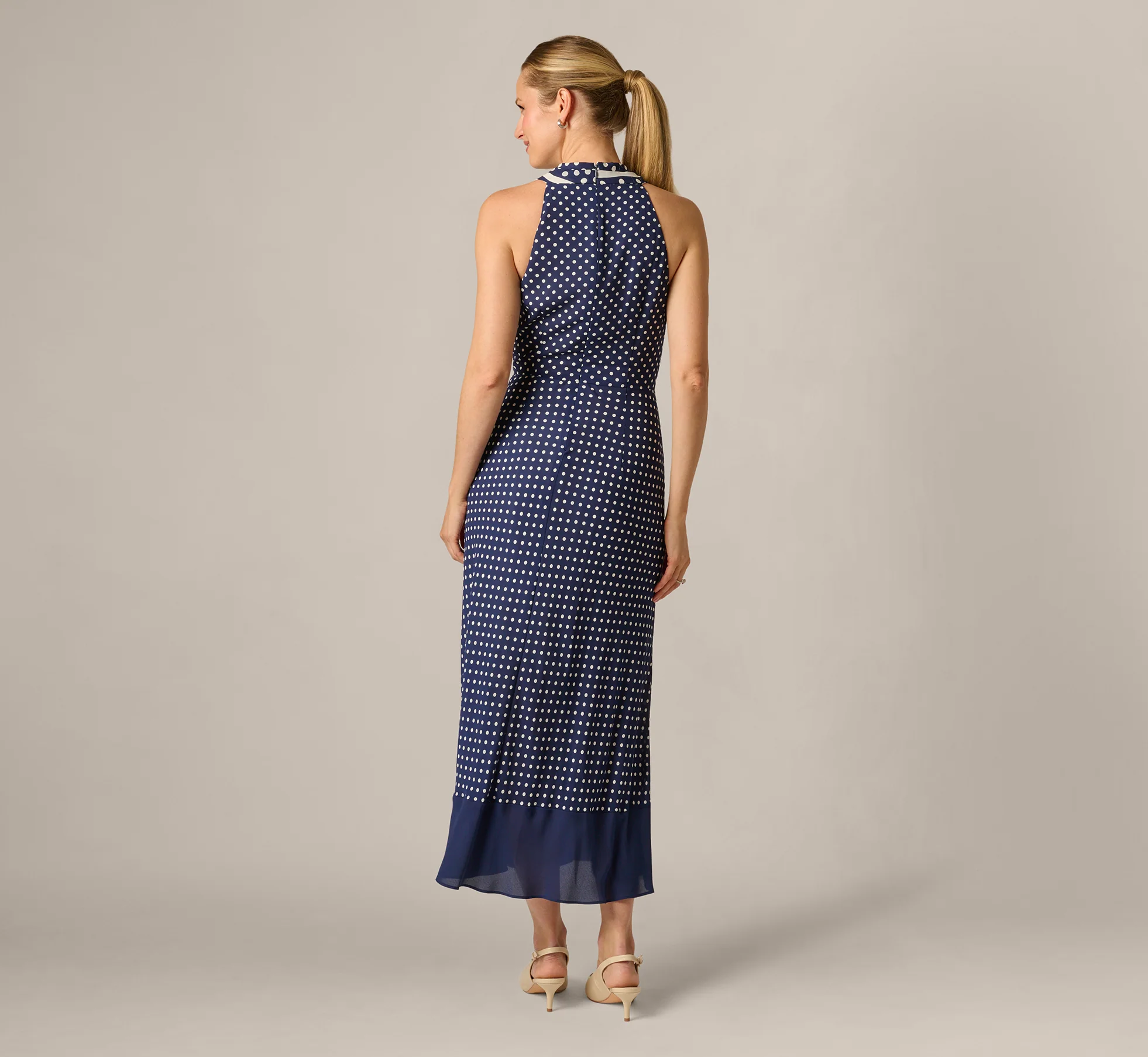 Dot Print Chiffon Halter Maxi Dress With Sash Waist In Navy Ivory - Image 5