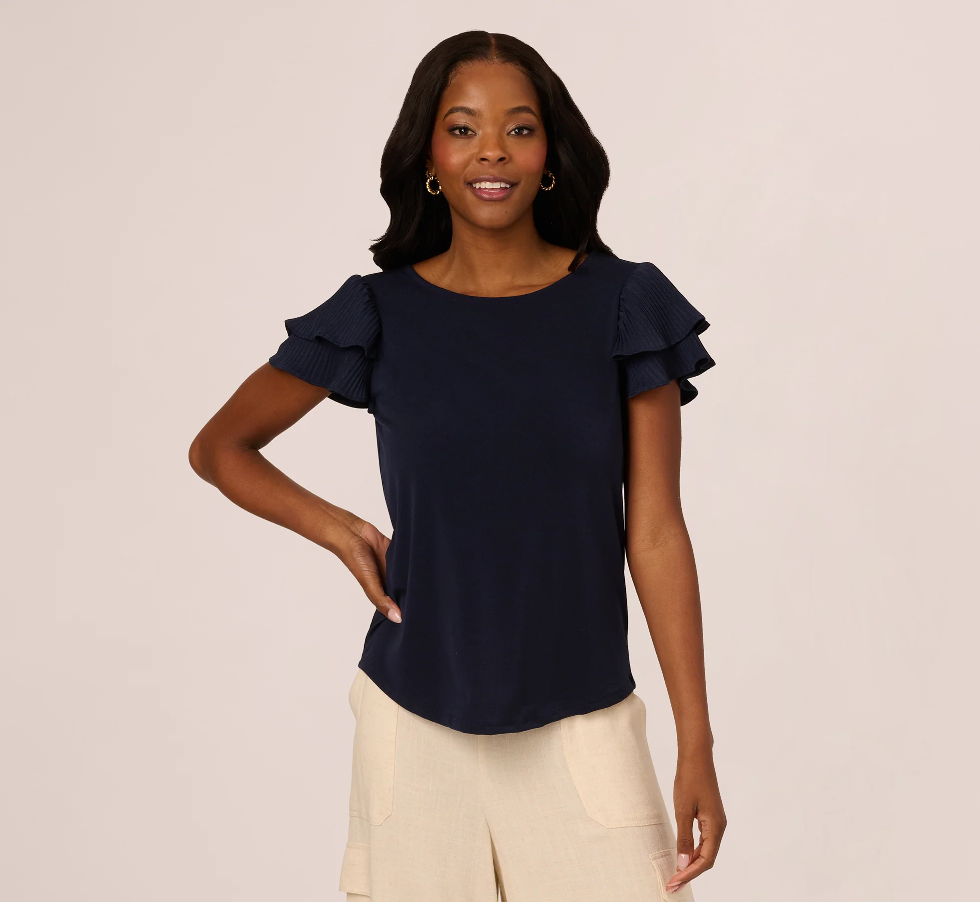 Double Flutter Sleeve Top With Pleated Details In Blue Moon - Image 3