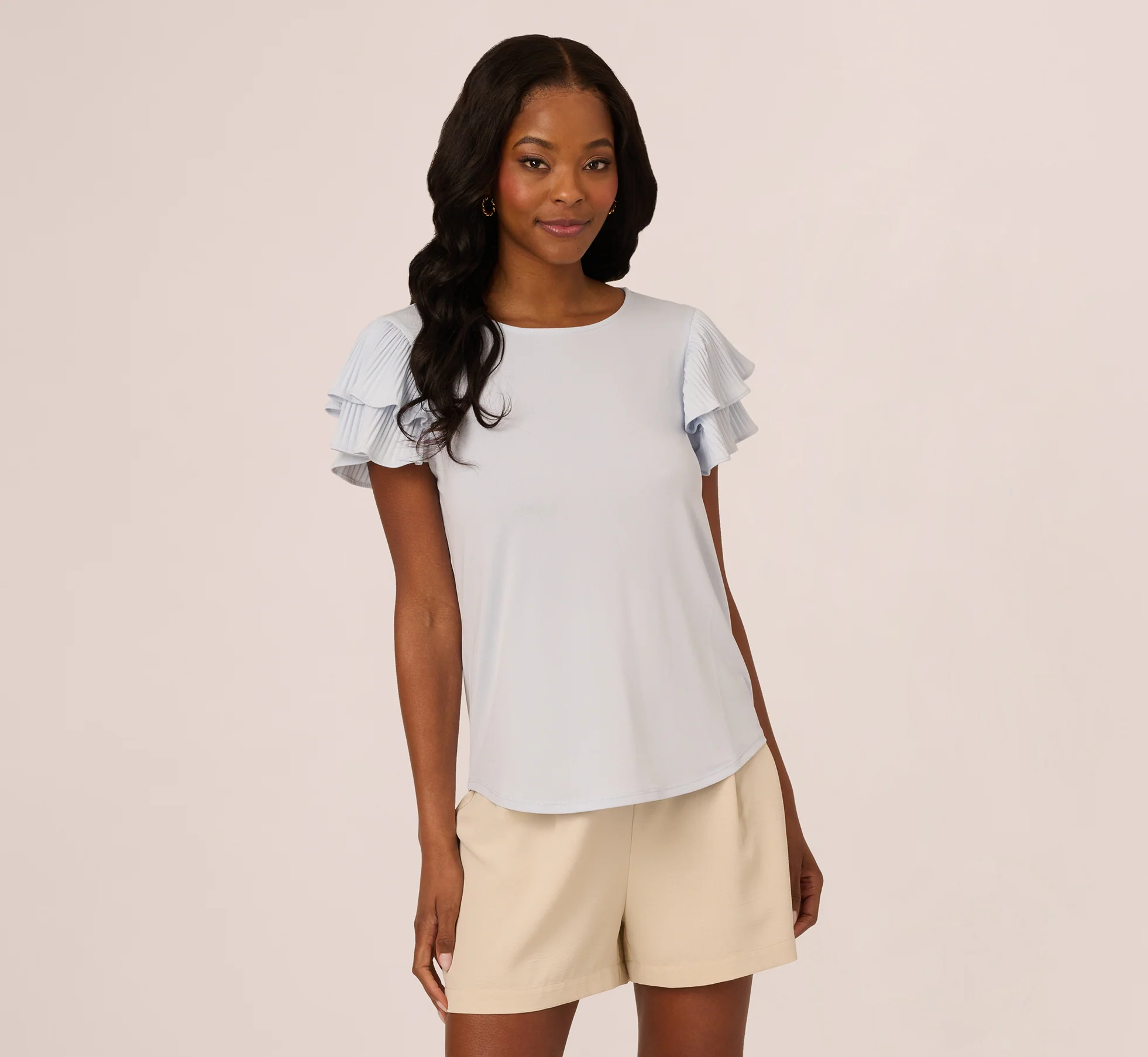 Double Flutter Sleeve Top With Pleated Details In Halogen Blue - Image 3