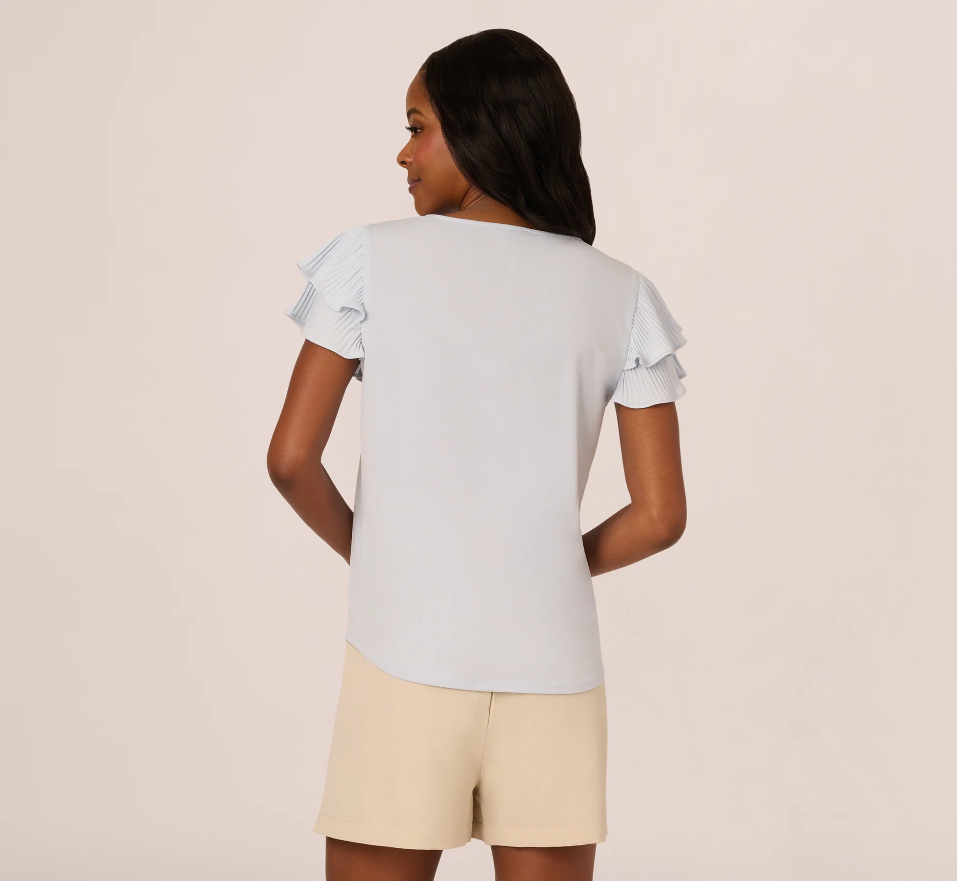 Double Flutter Sleeve Top With Pleated Details In Halogen Blue - Image 6