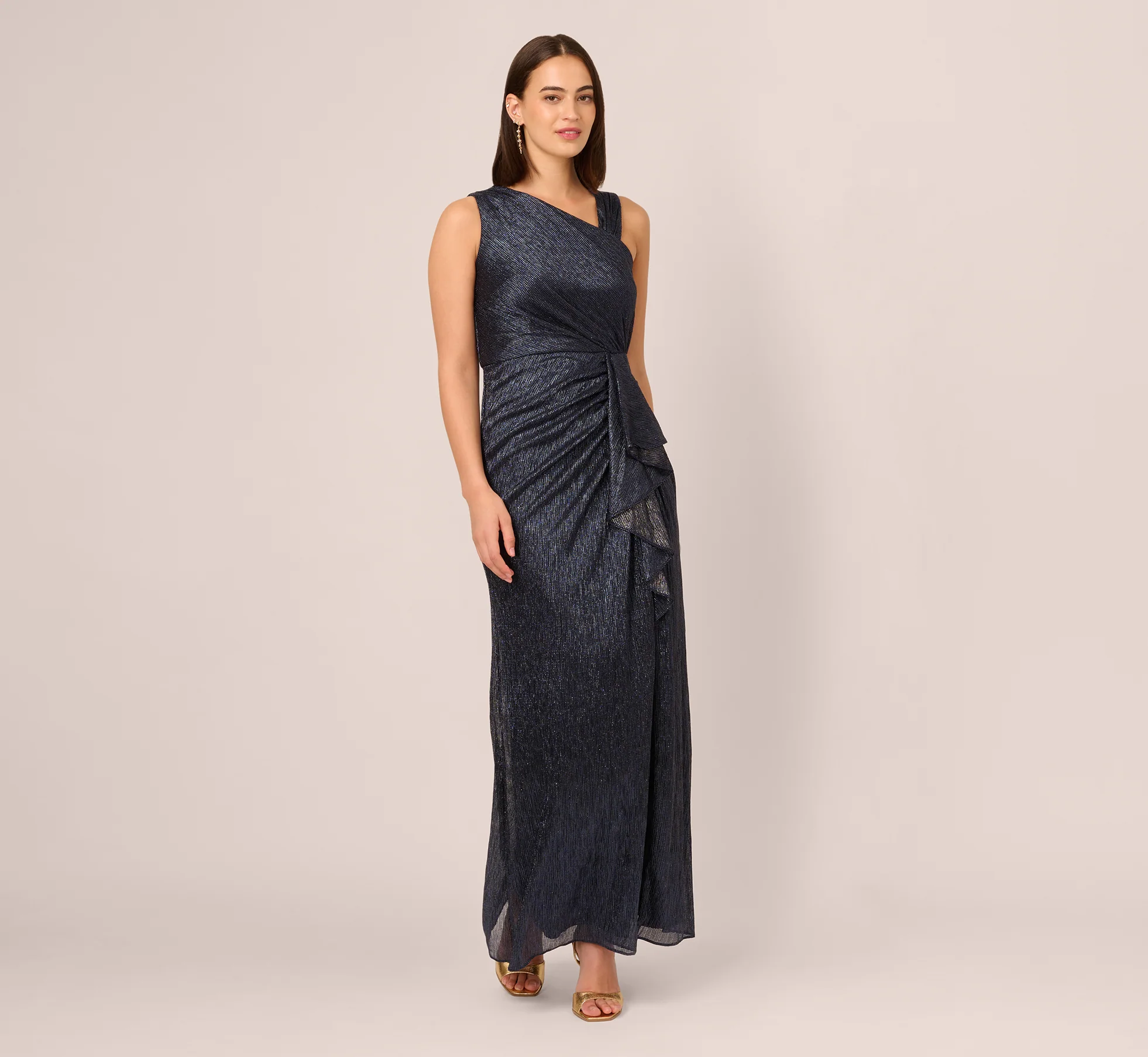 Draped Metallic Foil Long Dress In Navy - Image 2