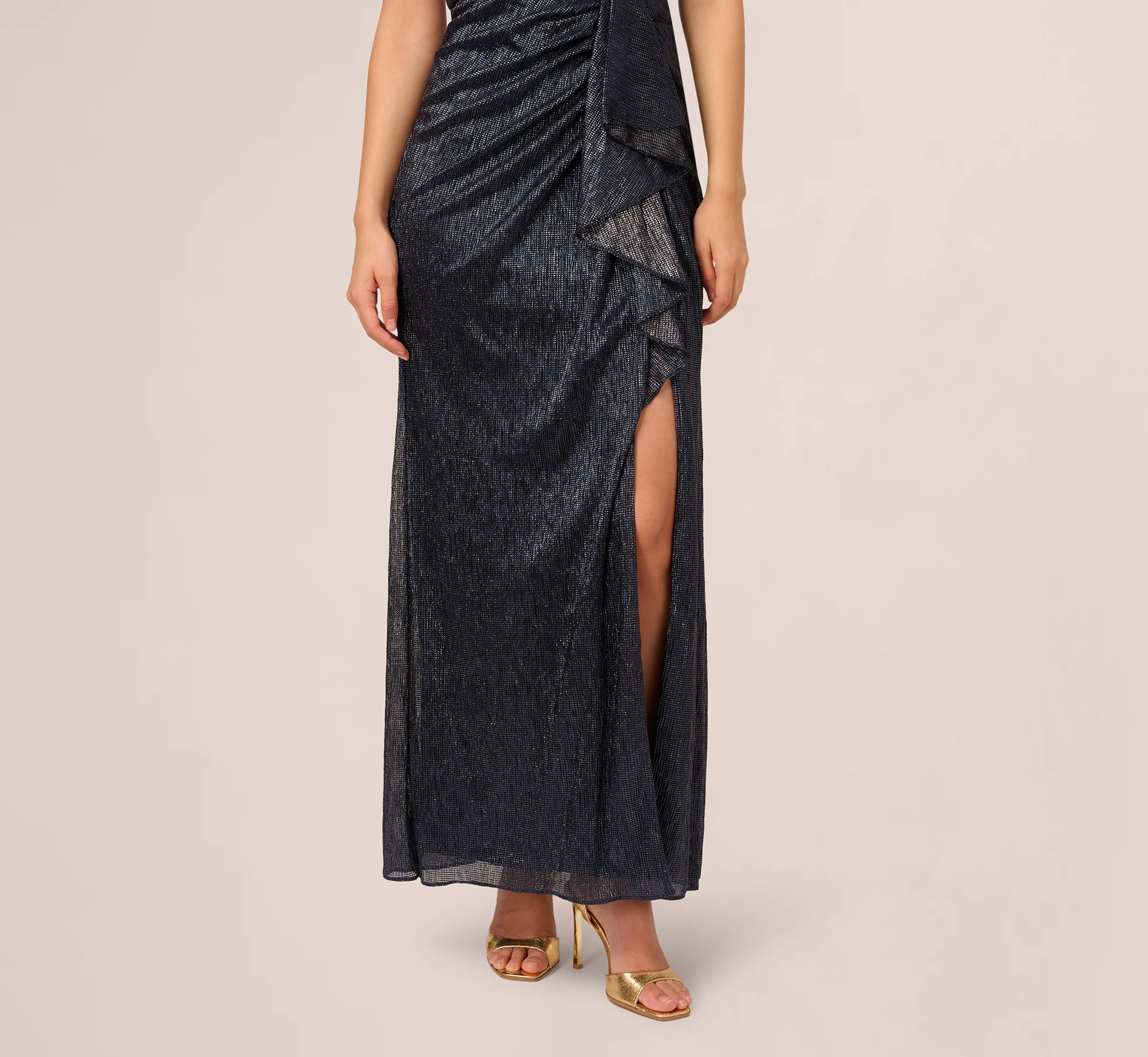 Draped Metallic Foil Long Dress In Navy - Image 3