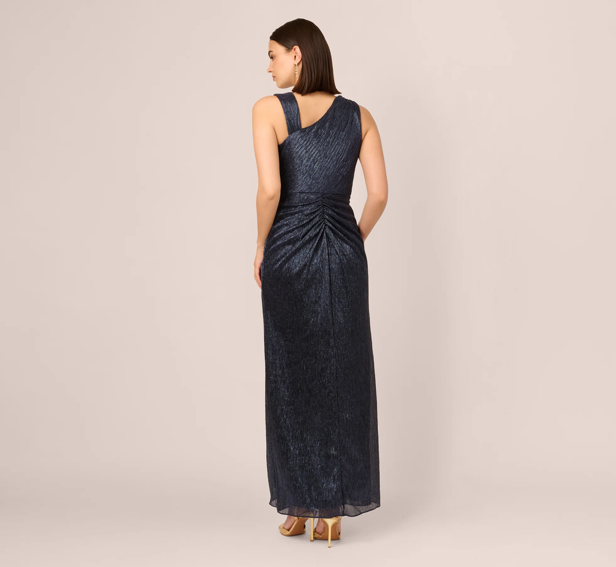 Draped Metallic Foil Long Dress In Navy - Image 5
