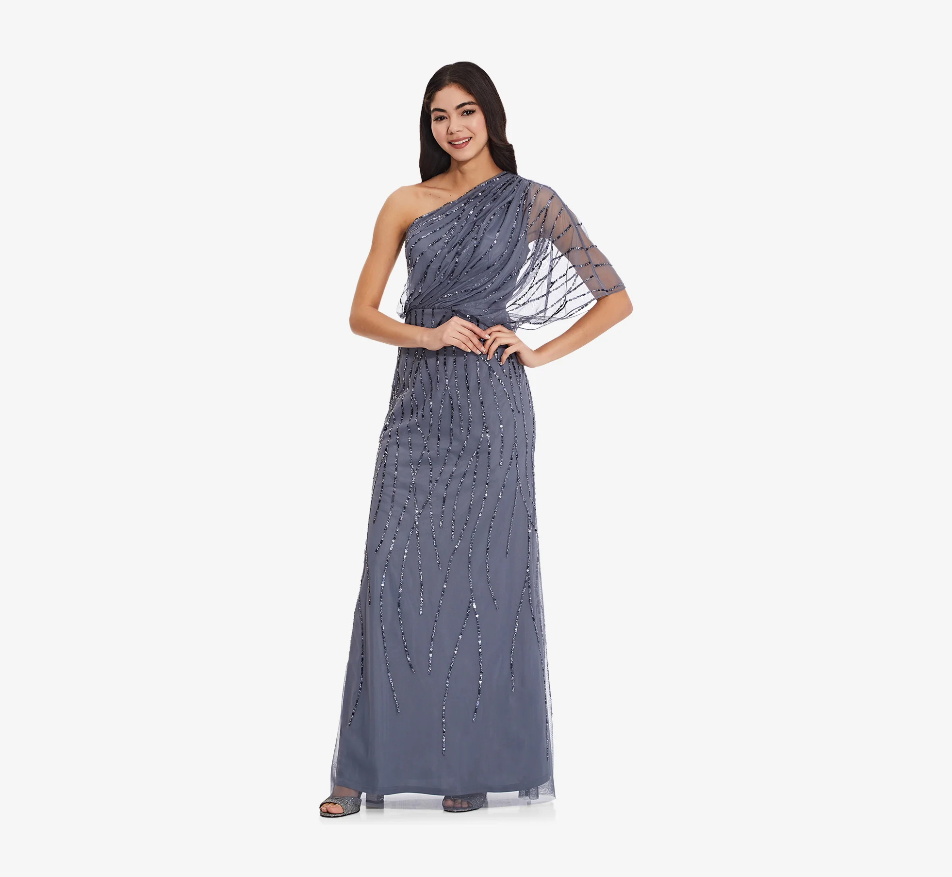 Draped One Shoulder Dress With Sequin Detail In Dusty Blue - Image 6