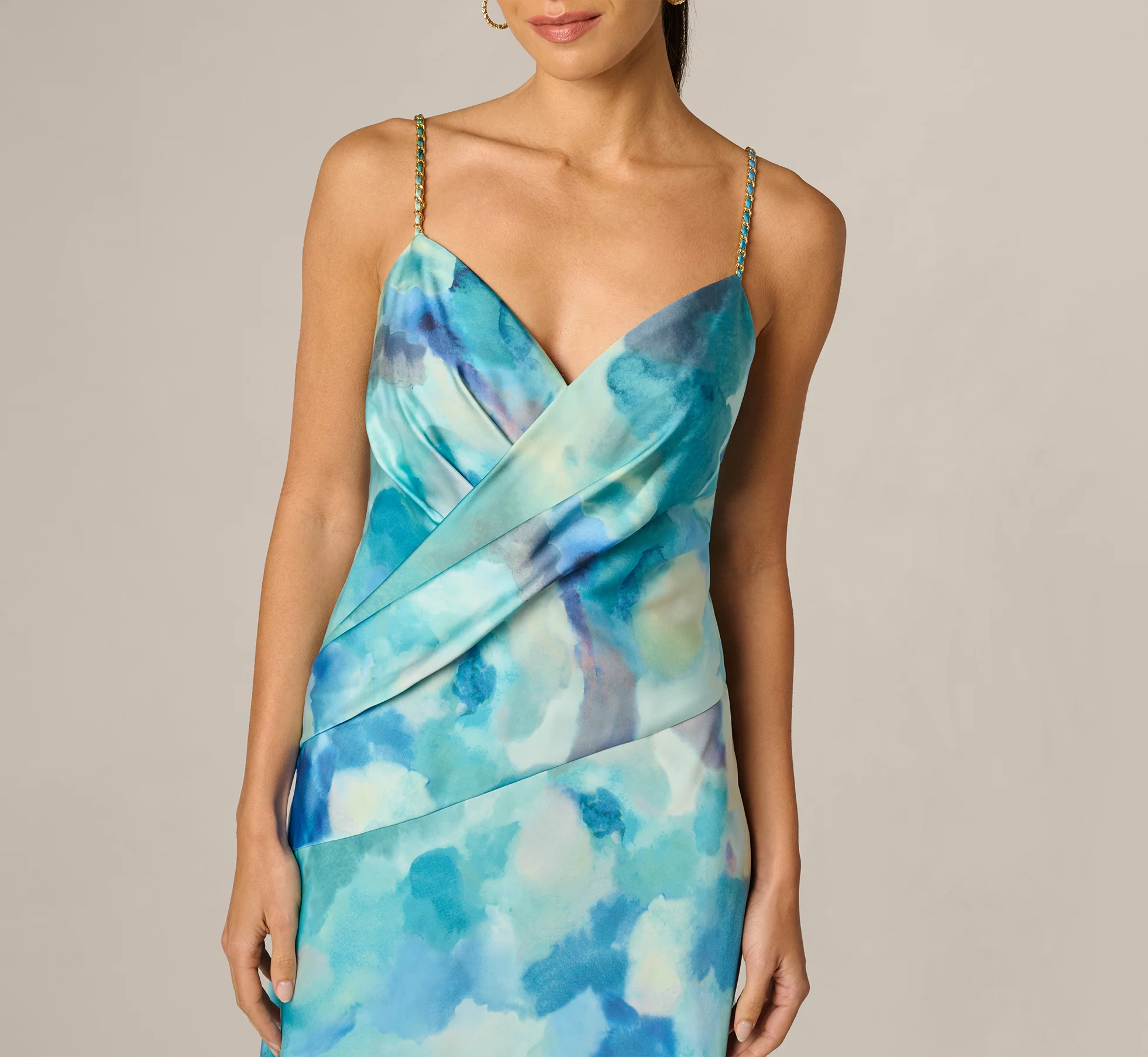 Draped Sateen Watercolor Gown In Blue Multi - Image 3