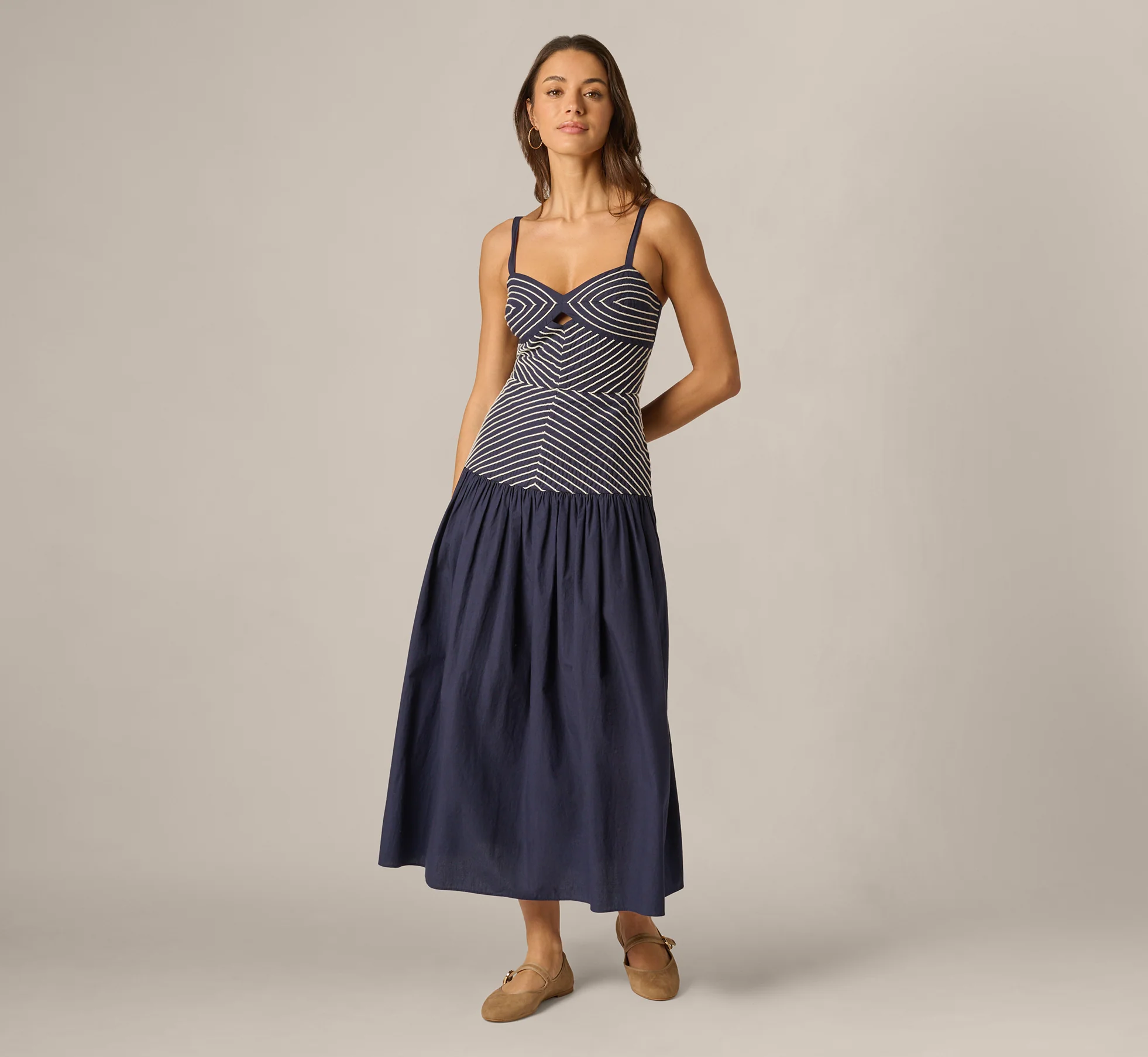 Drop Waist Chevron Cotton Midi Sundress In Navy Ivory - Image 3