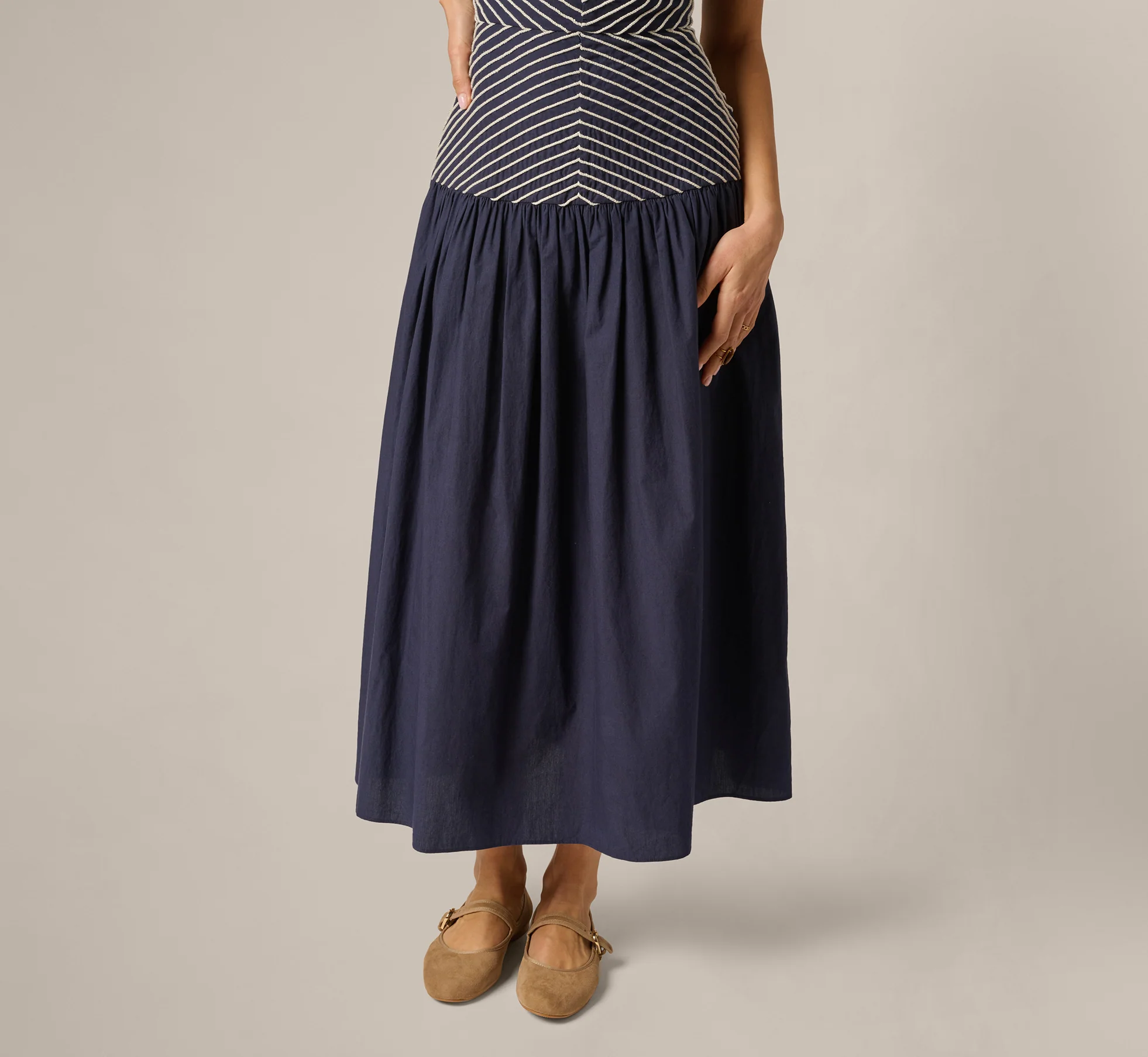 Drop Waist Chevron Cotton Midi Sundress In Navy Ivory - Image 5