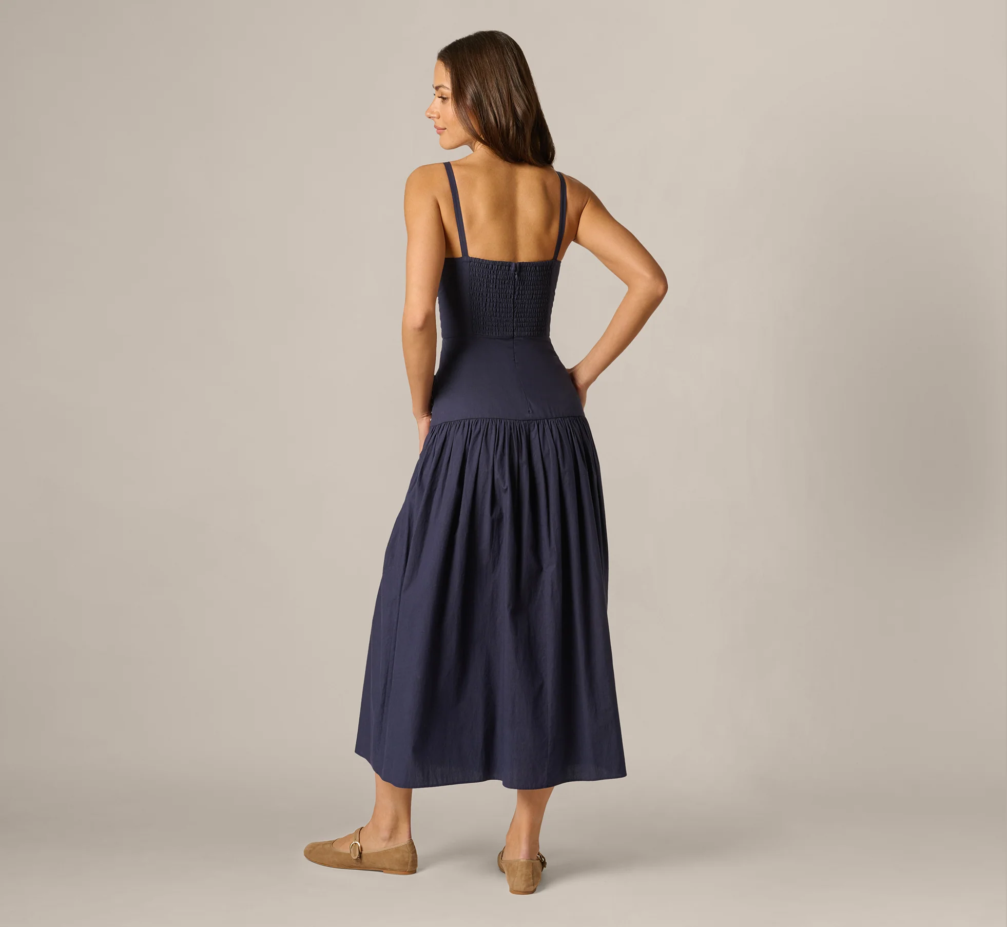 Drop Waist Chevron Cotton Midi Sundress In Navy Ivory - Image 6