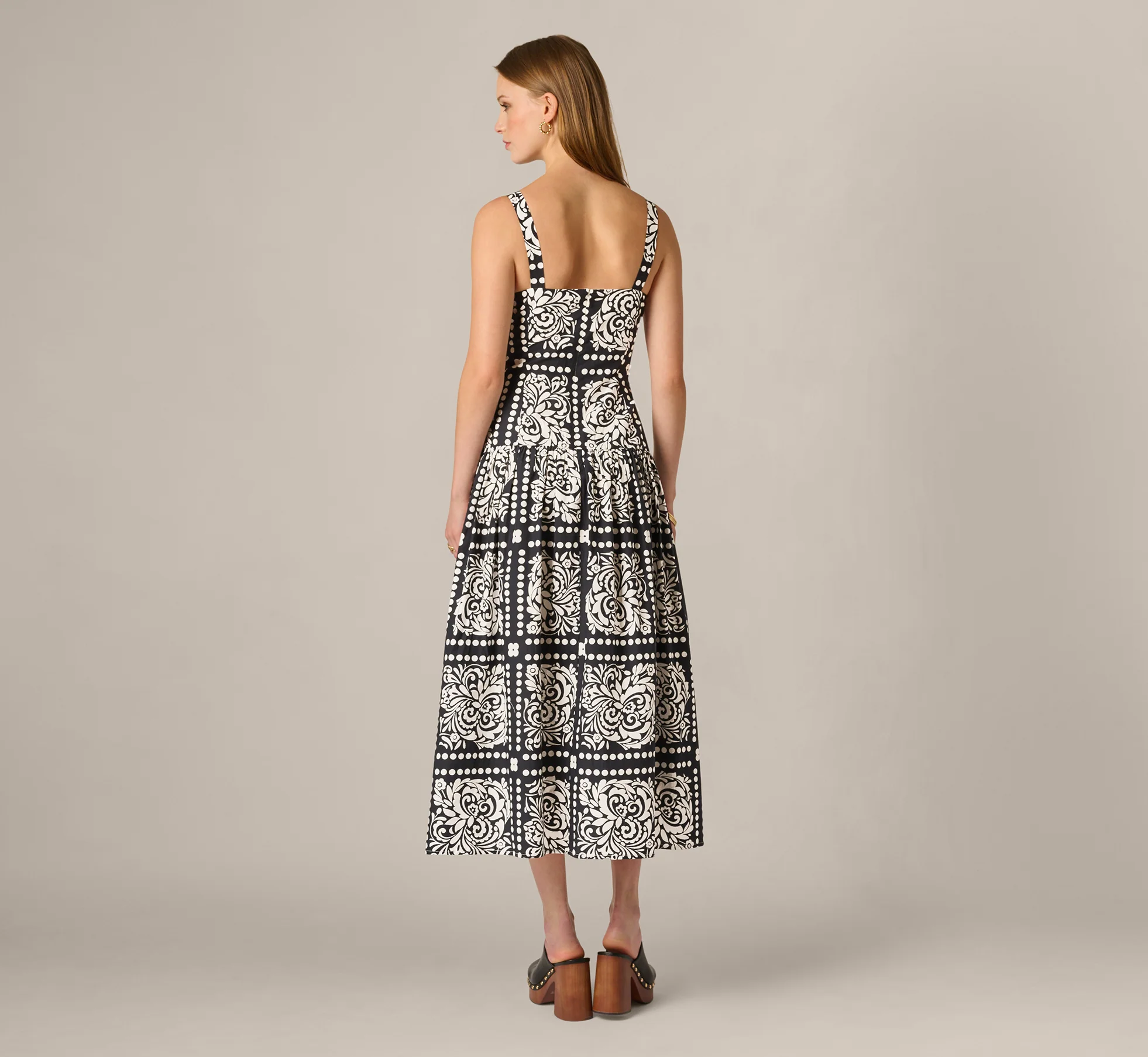 Drop Waist Cotton Tile Print Midi Sundress In Black Ivory - Image 6