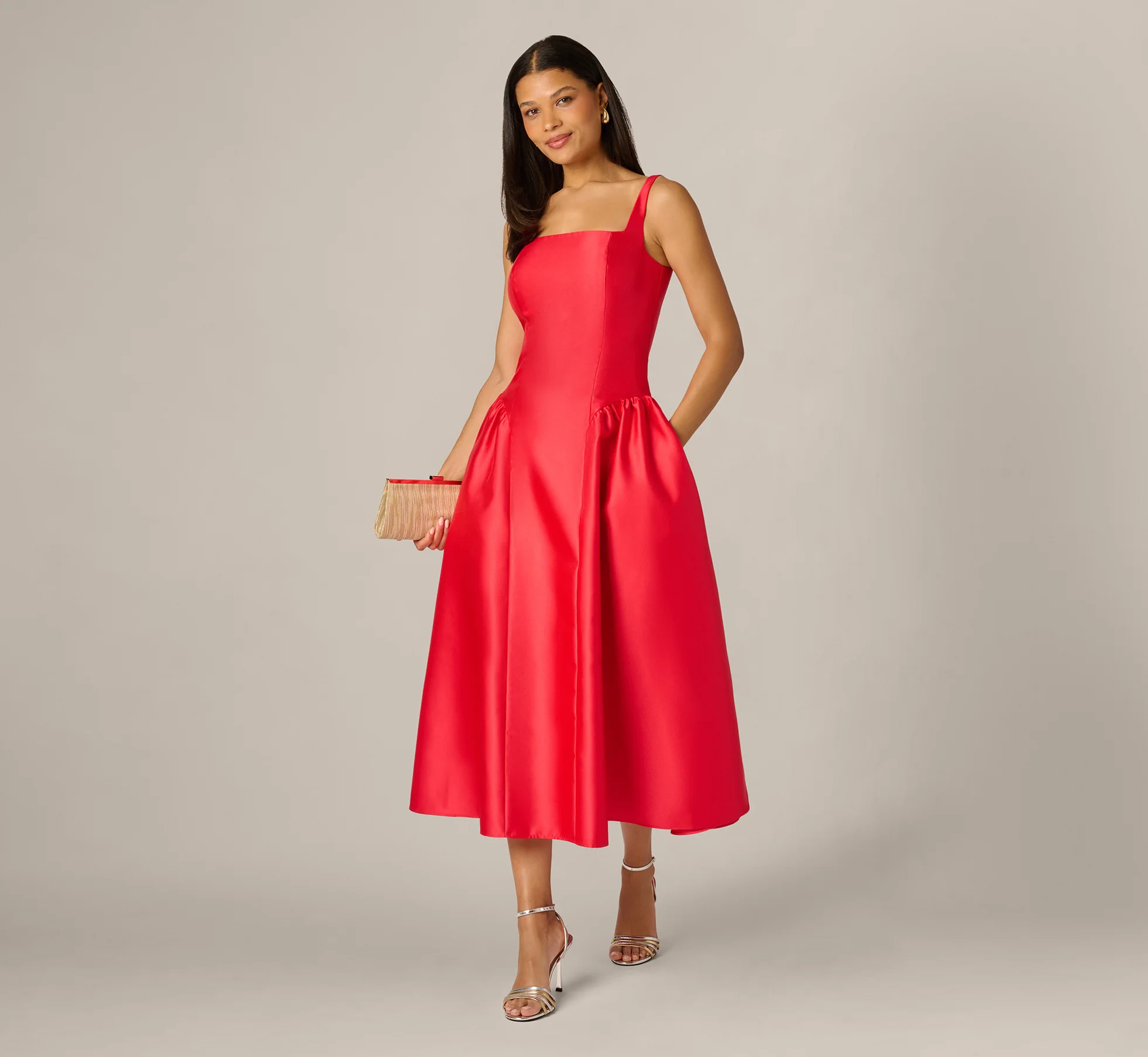 Drop Waist Fit And Flare Mikado Midi Dress In Persimmon - Image 2
