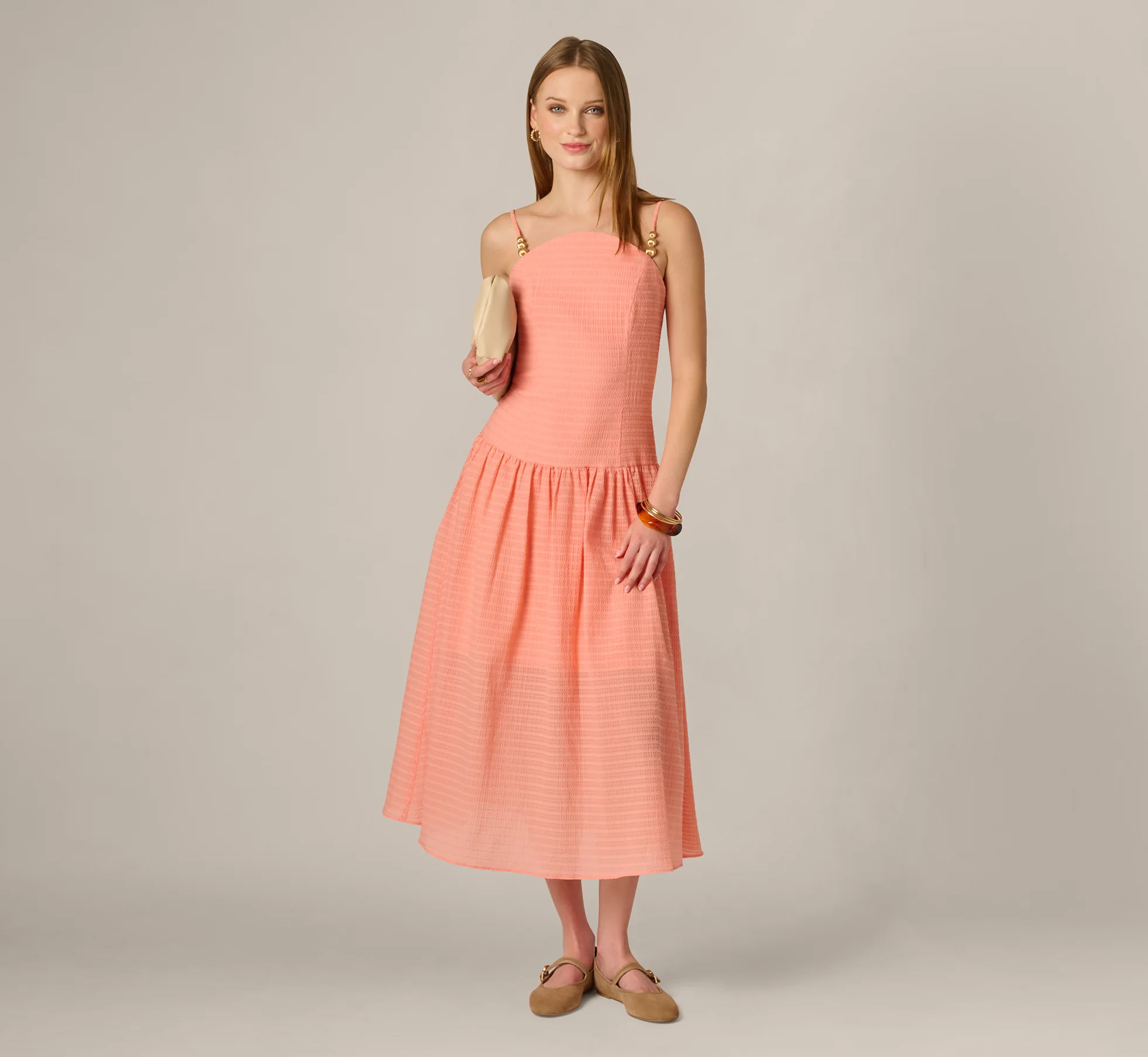 Drop Waist Seersucker Beaded Strap Sundress In Coral - Image 2