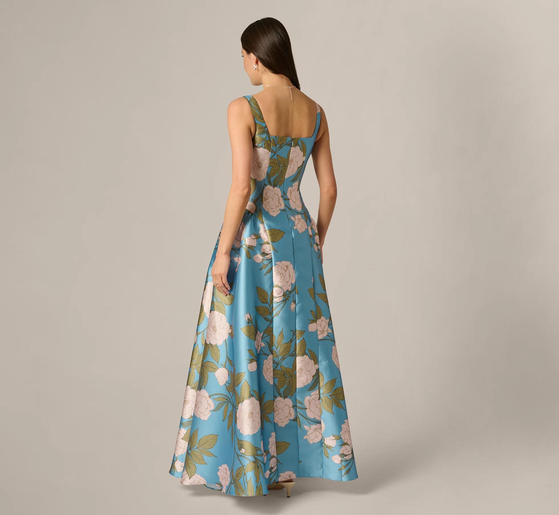 Drop Waist Square Neck Floral Ballgown In Blue Multi - Image 5