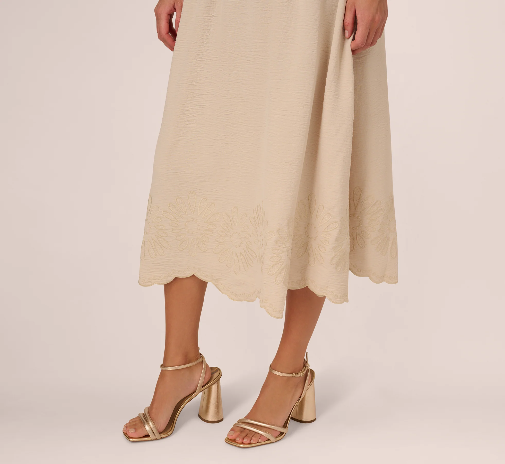 Embroidery Scalloped Hem Midi Skirt In Bamboo Wood - Image 4