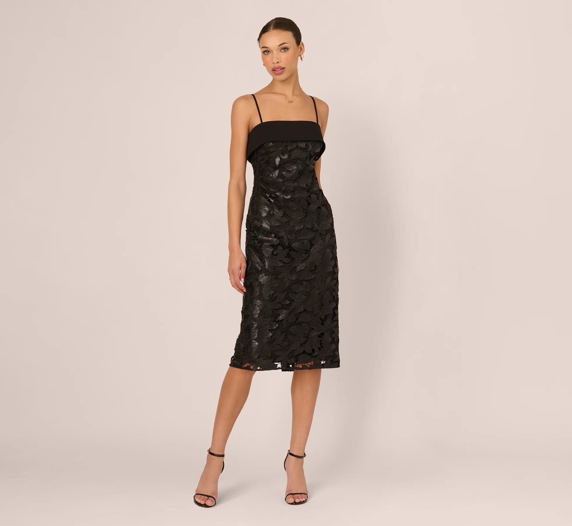 Faux Leather Cut Lace Midi Sheath Dress In Black - Image 2