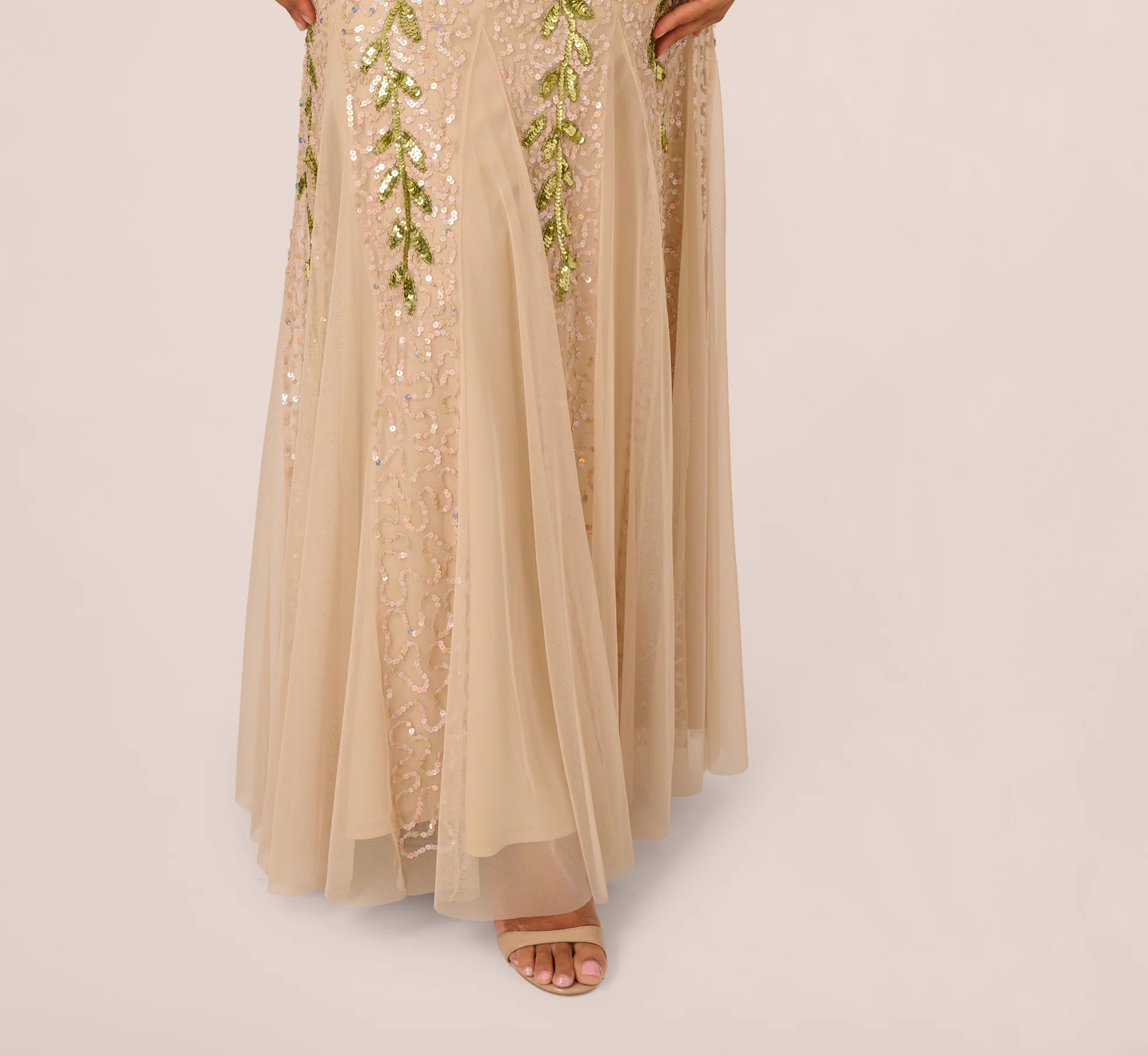 Floral Beaded Mermaid Gown With Flutter Cap Sleeves In Light Champagne - Image 3