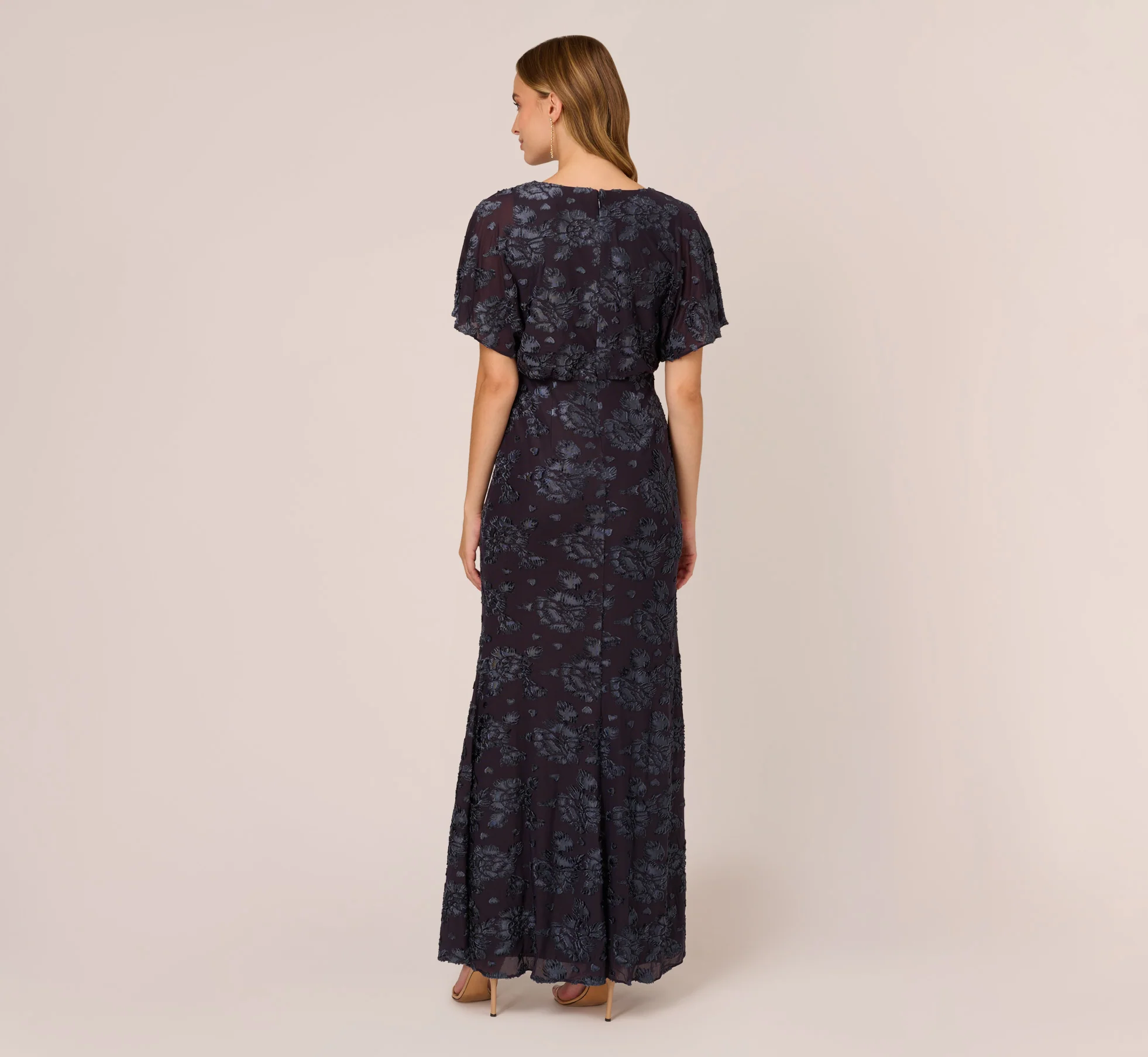 Floral Burnout Velvet Long Blouson Gown In Midnight - Image 5