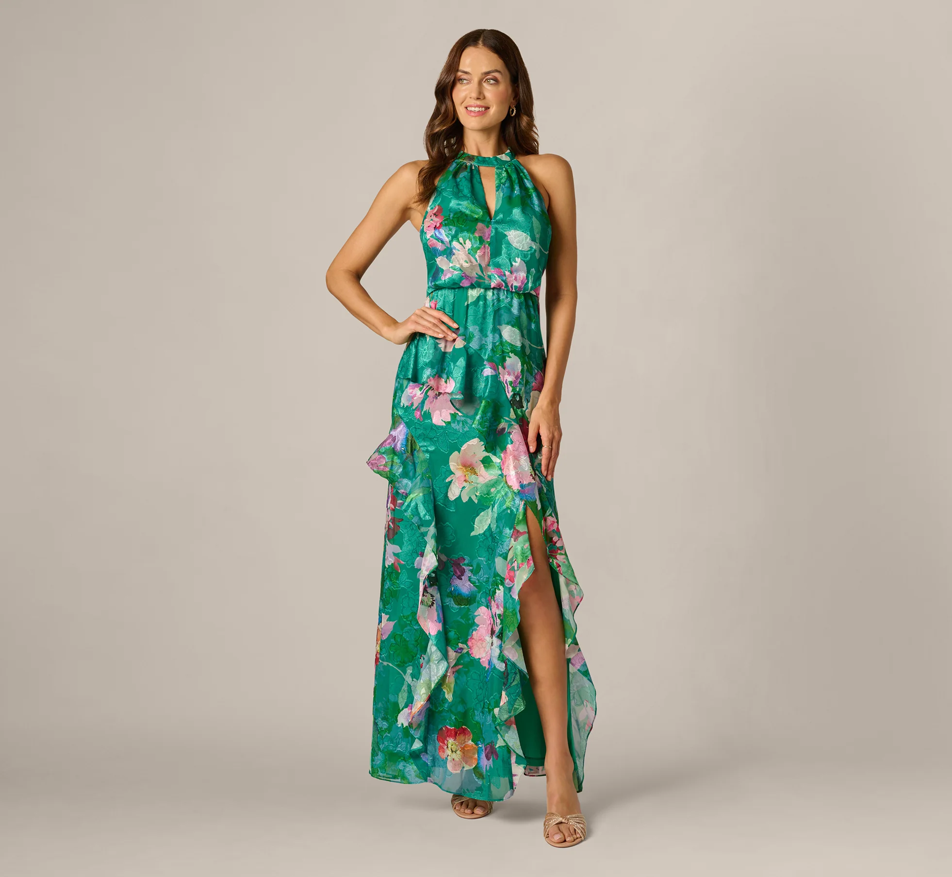 Floral Chiffon Blouson Ruffle Halter Gown In Green Multi - Image 3