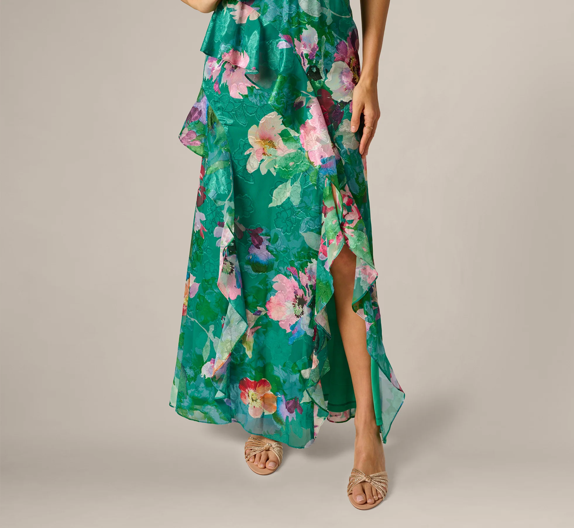 Floral Chiffon Blouson Ruffle Halter Gown In Green Multi - Image 5