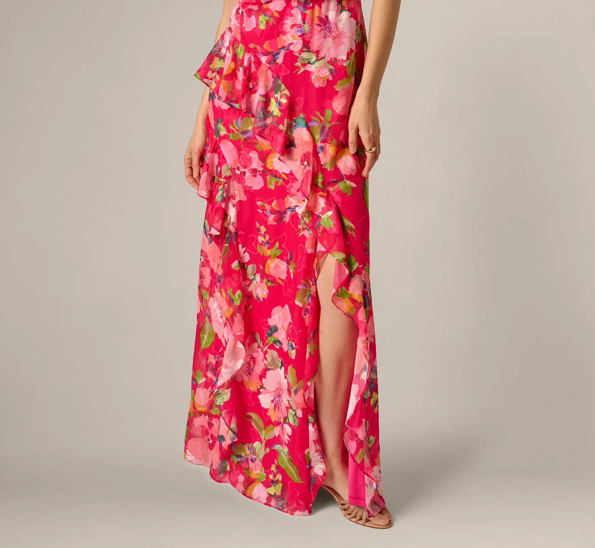 Floral Chiffon Keyhole Halter Maxi Dress In Pink Multi - Image 5