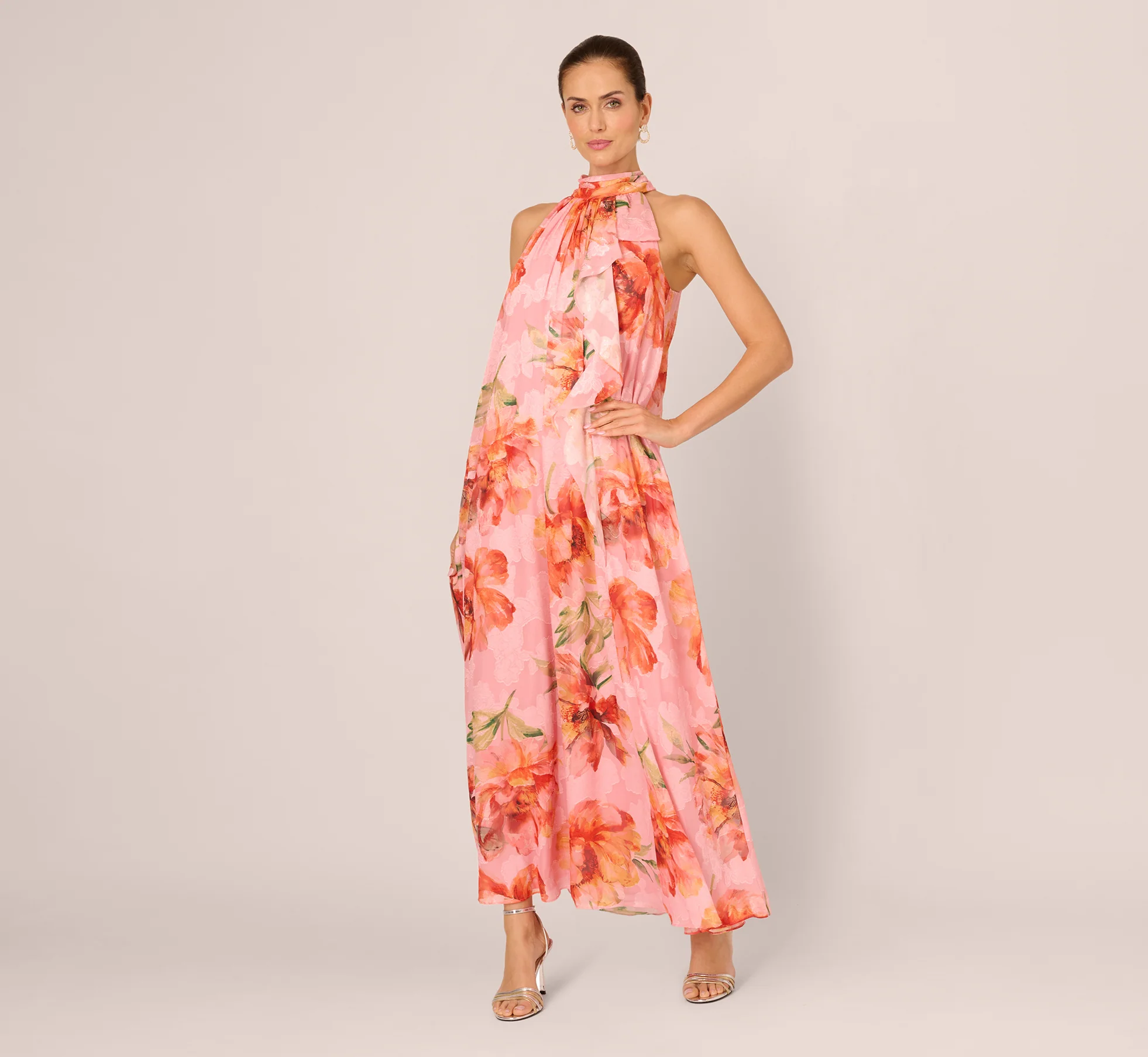 Floral Chiffon Trapeze Halter Gown In Pink Multi - Image 2
