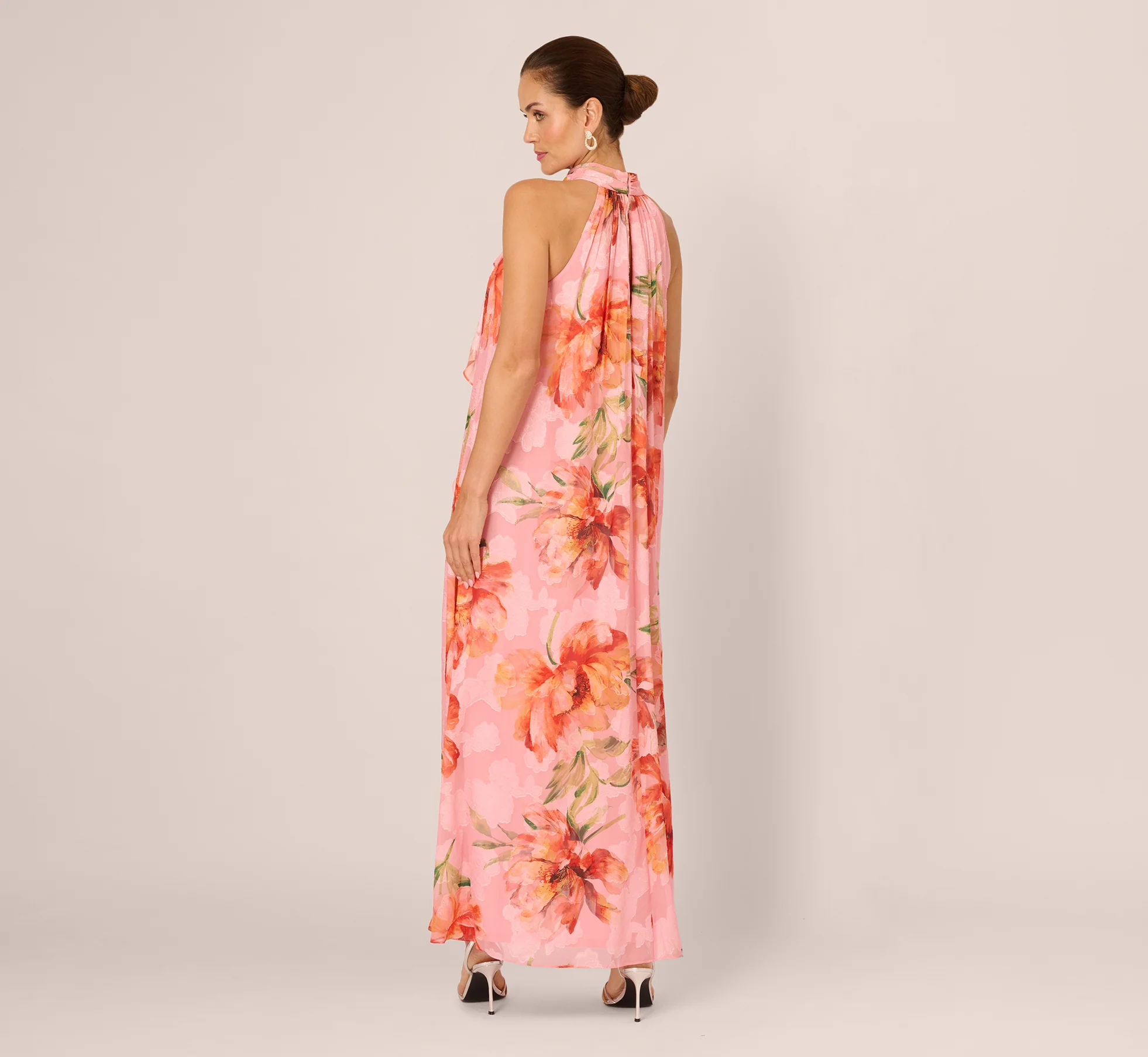 Floral Chiffon Trapeze Halter Gown In Pink Multi - Image 5
