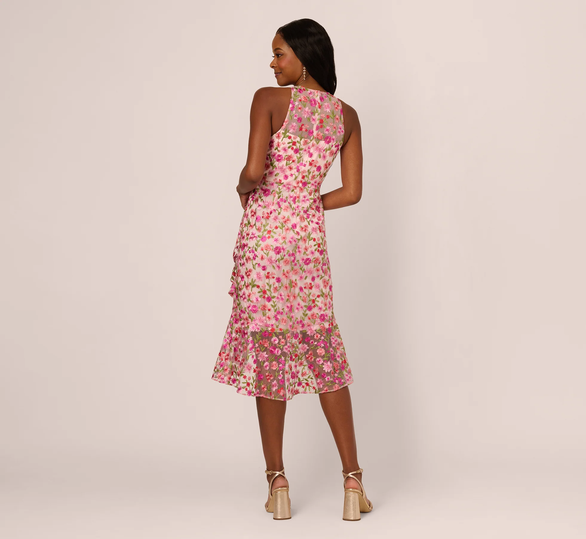 Floral Embroidered Flounce Halter Dress In Pink Multi - Image 6