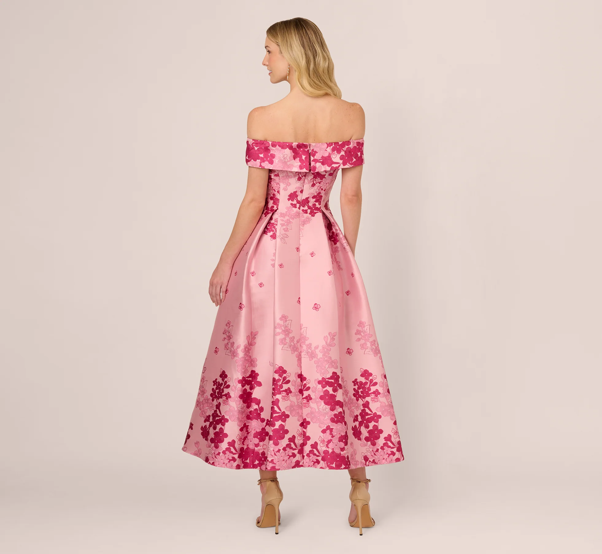 Floral Jacquard Ankle Length Dress With Off The Shoulder Neckline In Pink Multi - Image 6