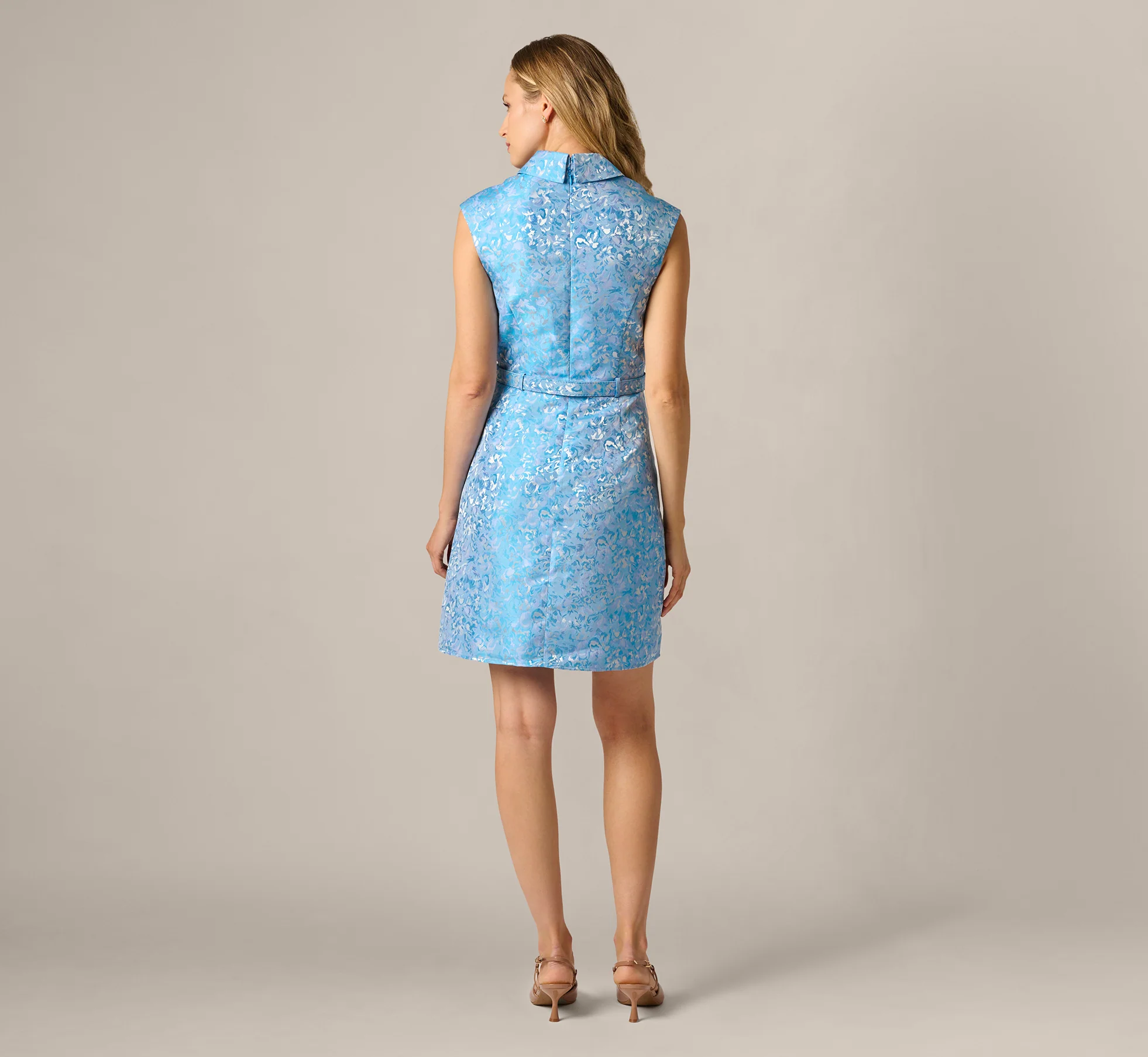 Floral Jacquard Collared Sheath Dress In Blue Multi - Image 6