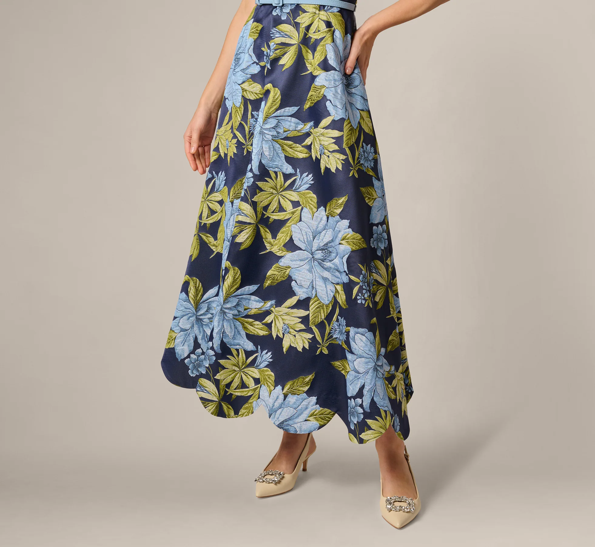 Floral Jacquard Sweetheart Scalloped Ankle Dress In Blue Multi - Image 5