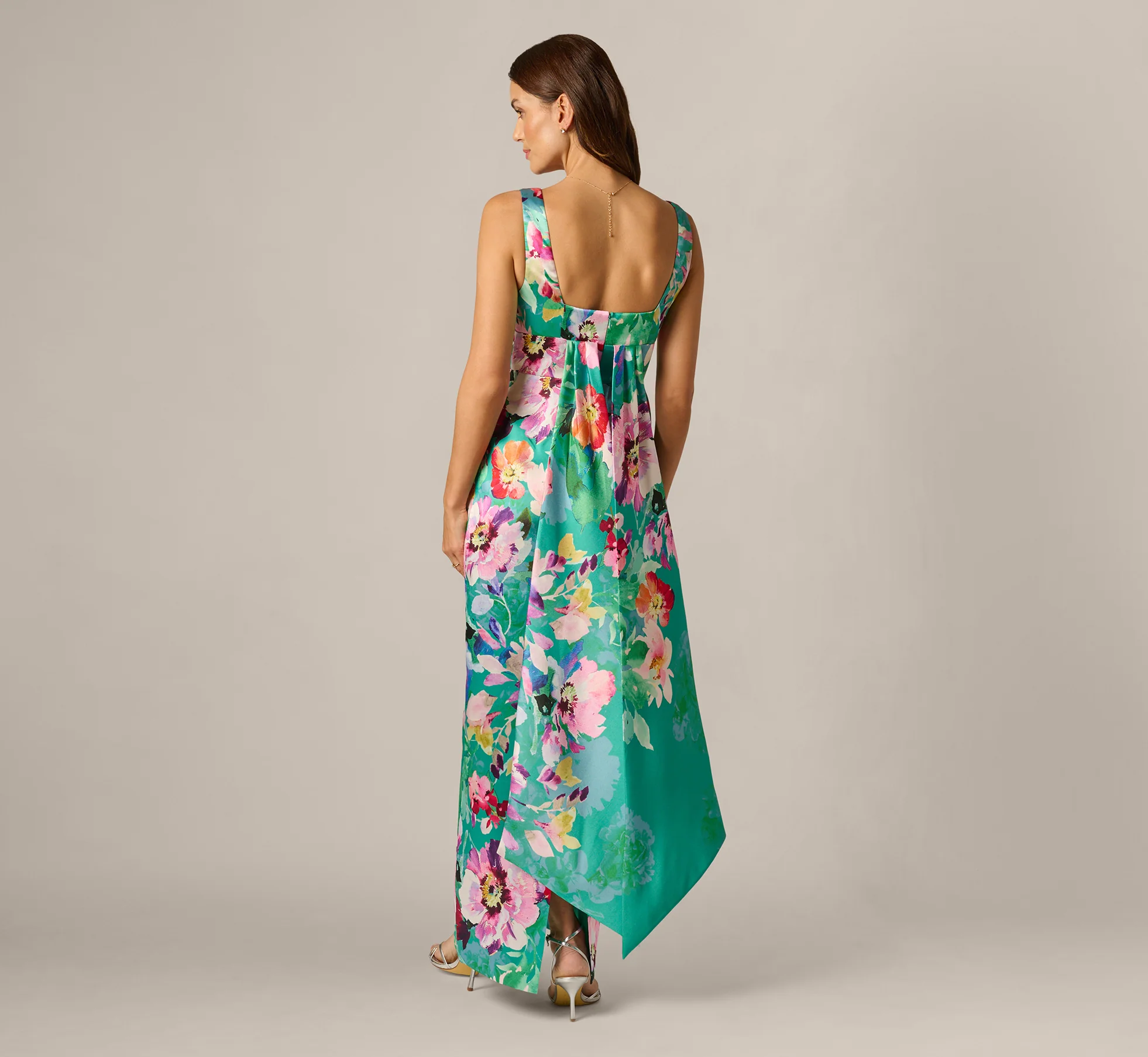 Floral Mikado Scarf Train Column Gown In Green Multi - Image 5