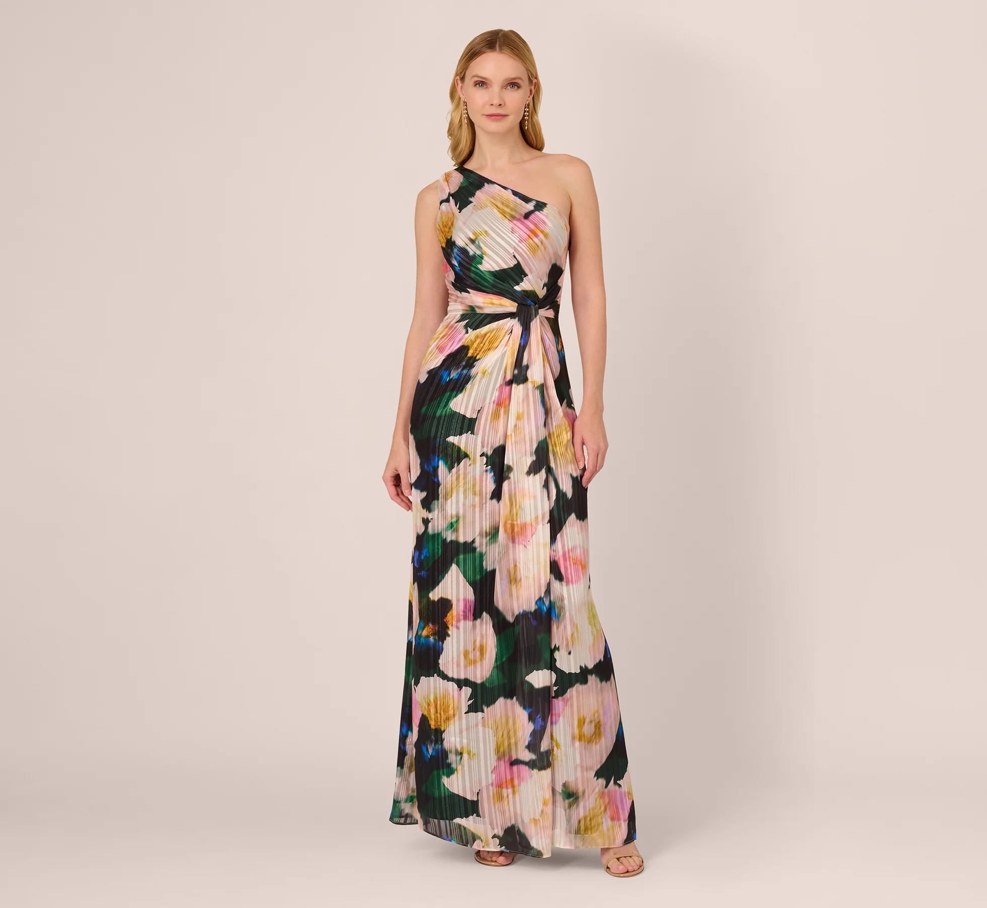 Floral Print Chiffon Gown With One Shoulder Neckline In Black Blush Multi - Image 3