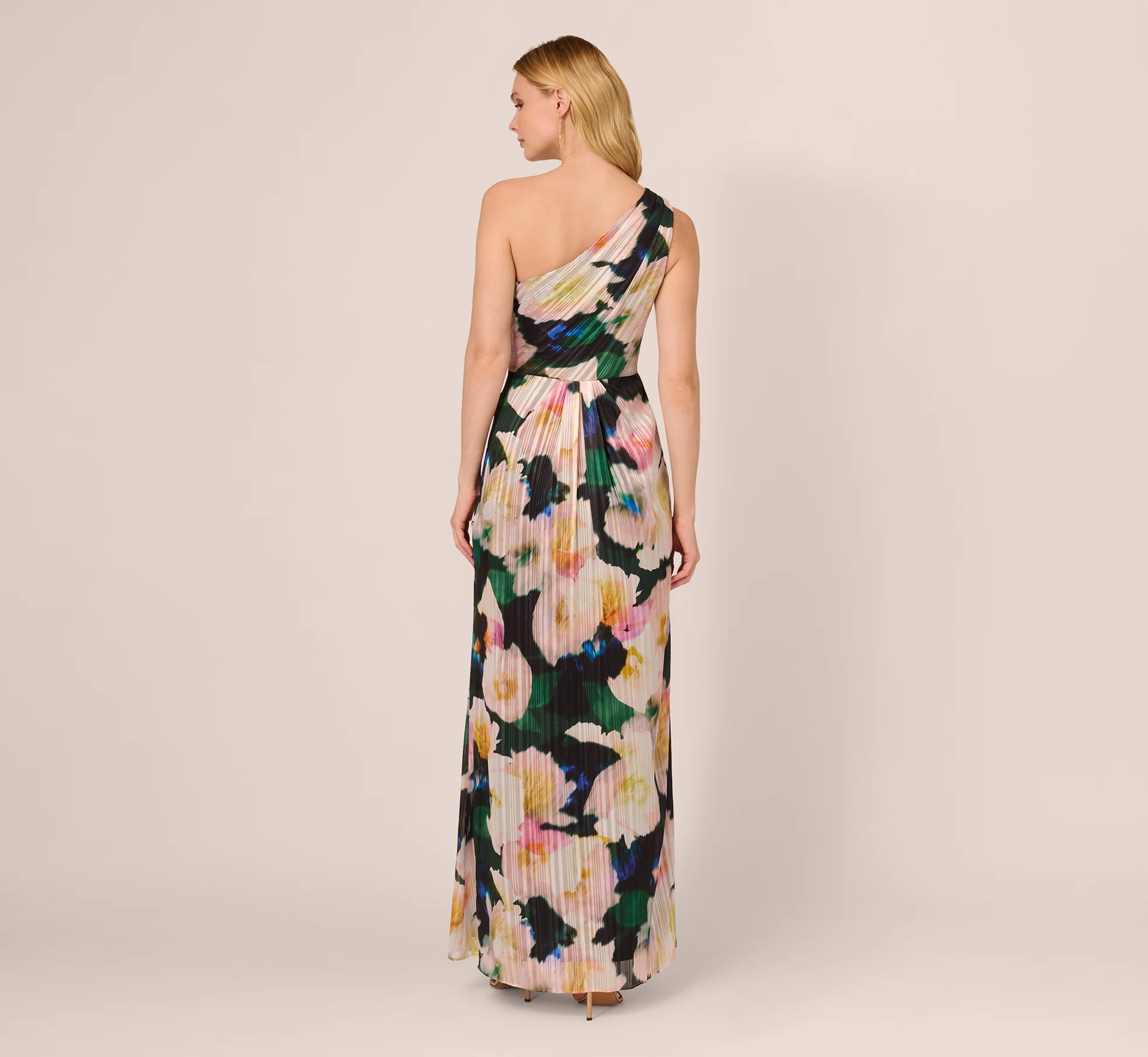Floral Print Chiffon Gown With One Shoulder Neckline In Black Blush Multi - Image 6
