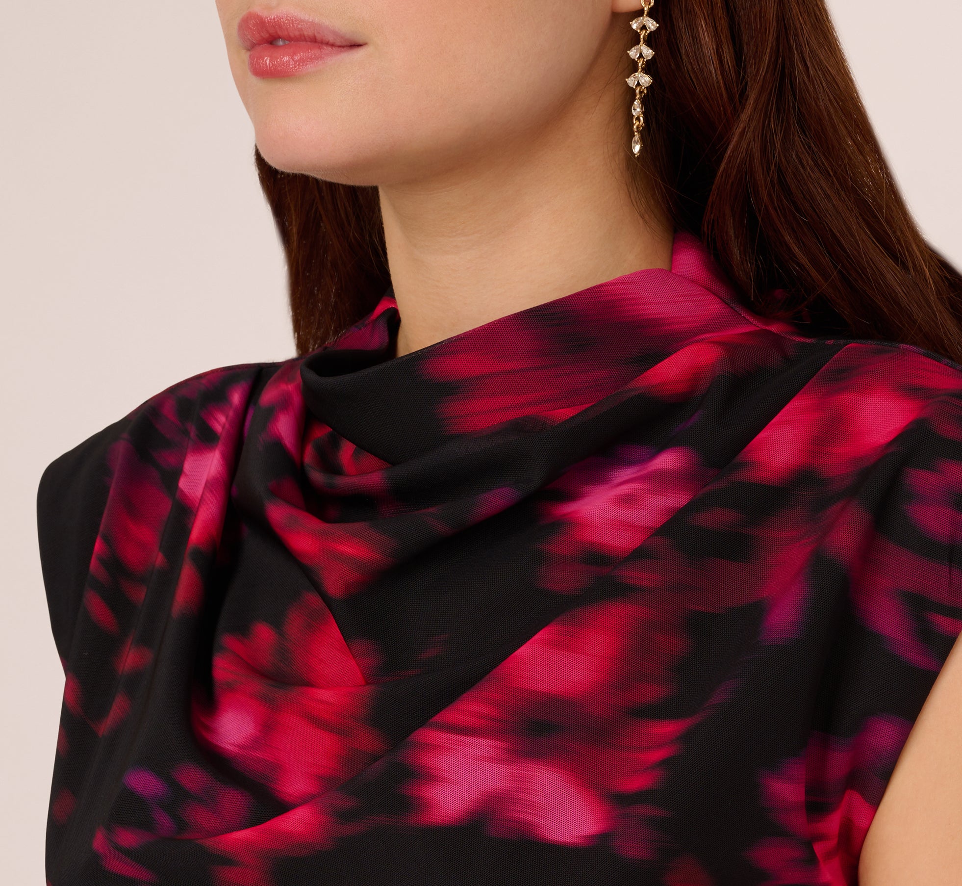 Floral Print Jersey Ankle Length Dress With Draped Details In Black Pink Multi - Image 3