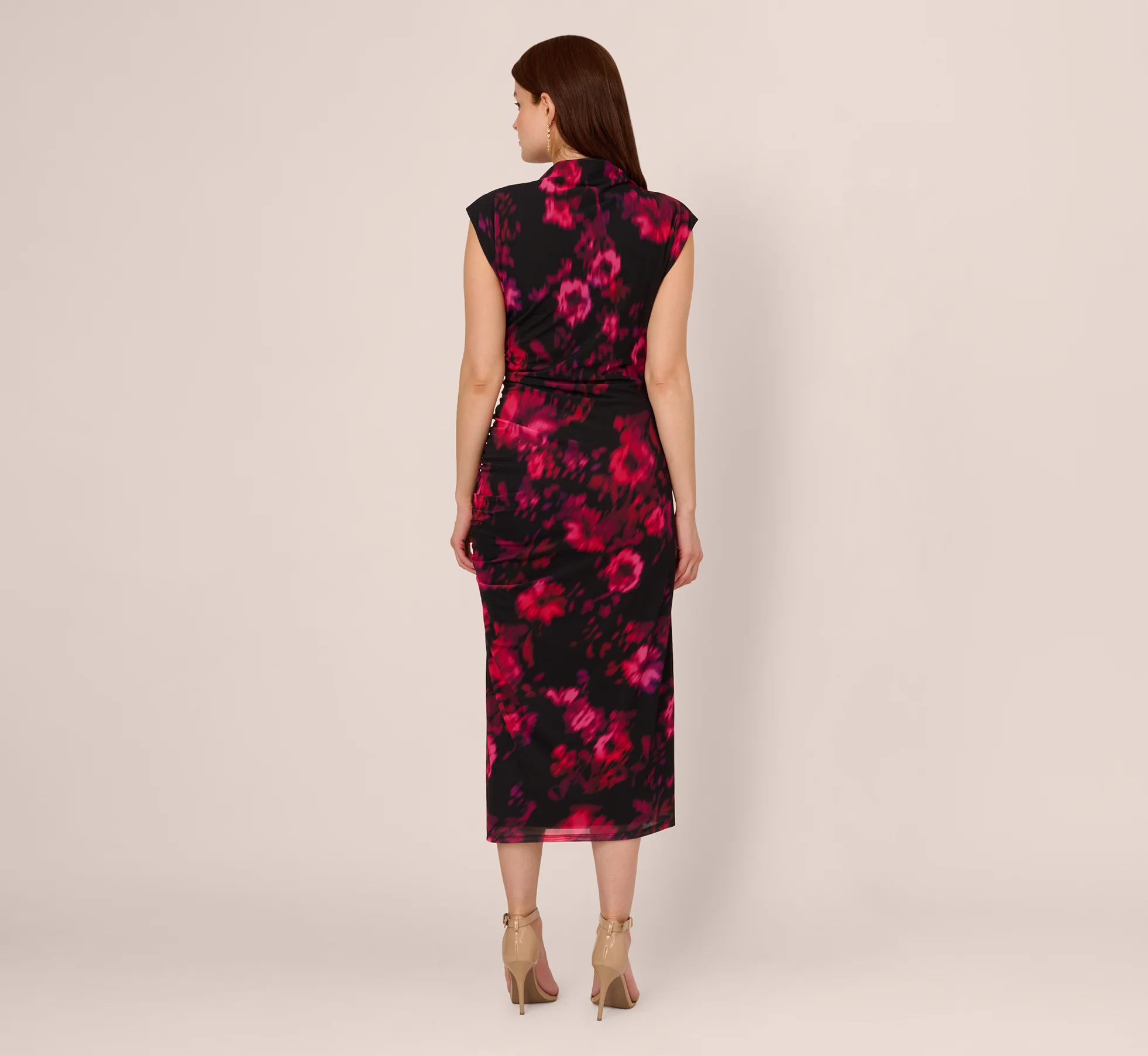 Floral Print Jersey Ankle Length Dress With Draped Details In Black Pink Multi - Image 5