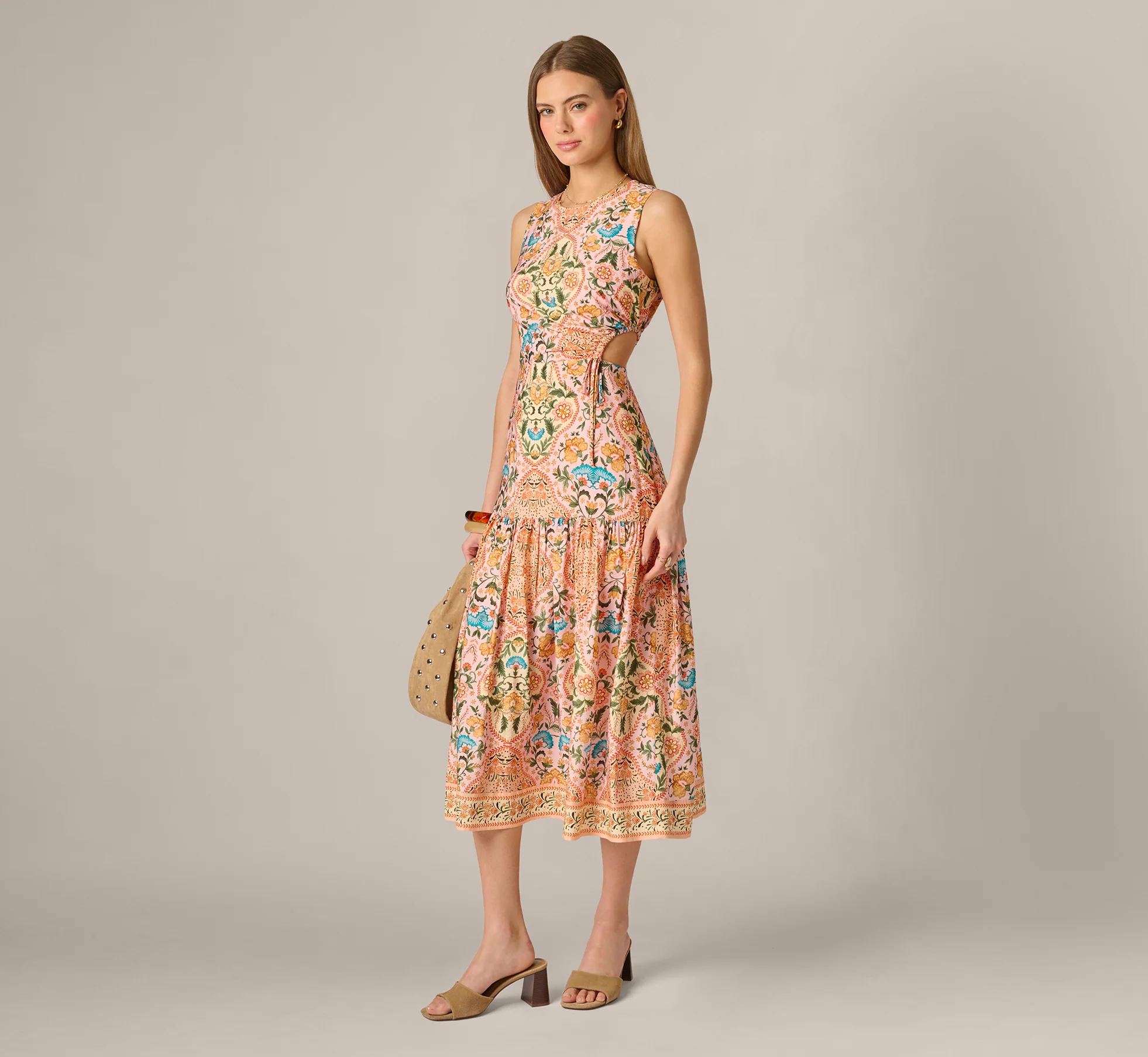 Floral Printed Cutout Drop Waist Midi Dress In Peach Multi - Image 2